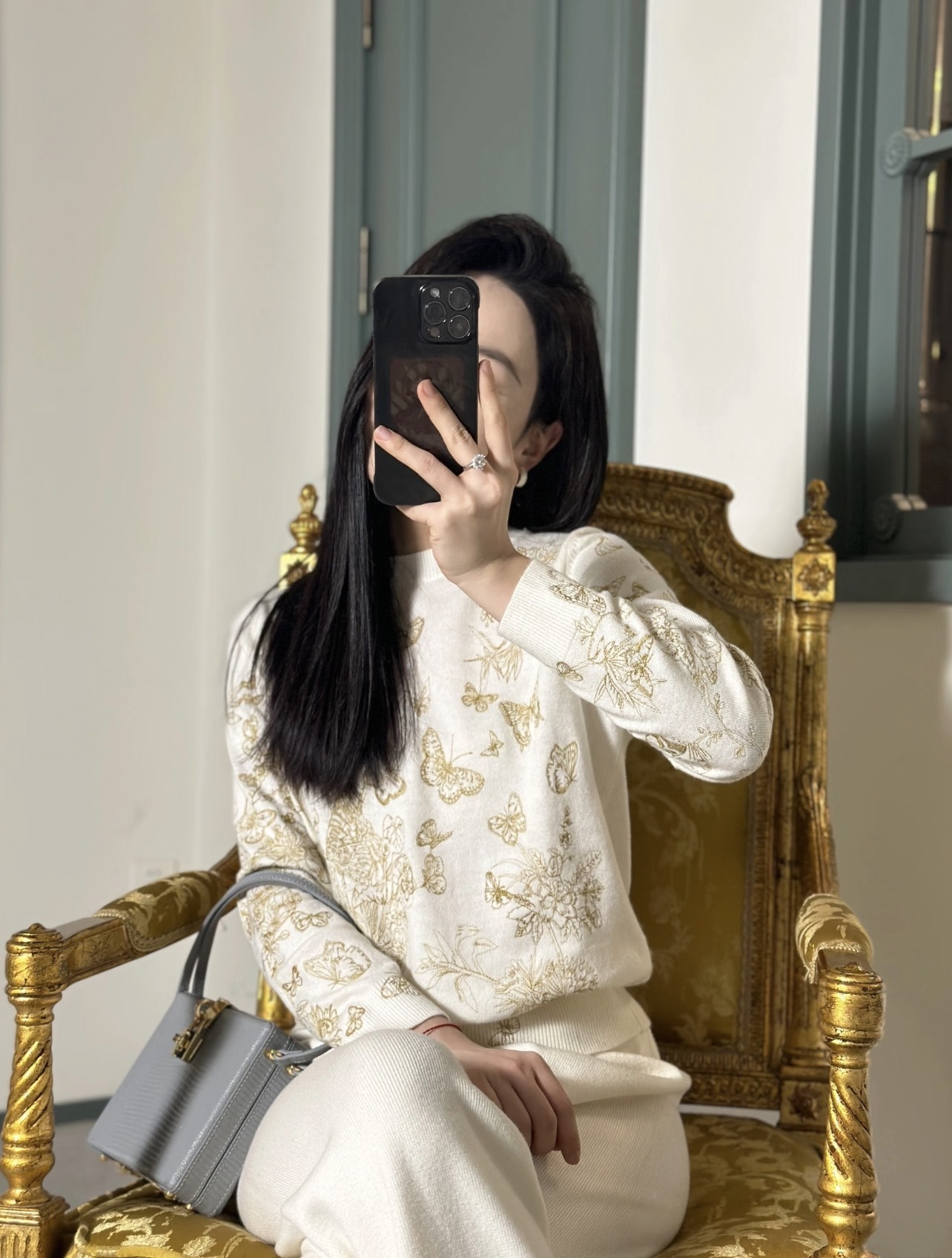 Christian Dior Gold Thread Butterfly Floral Cashmere Knit Sweater