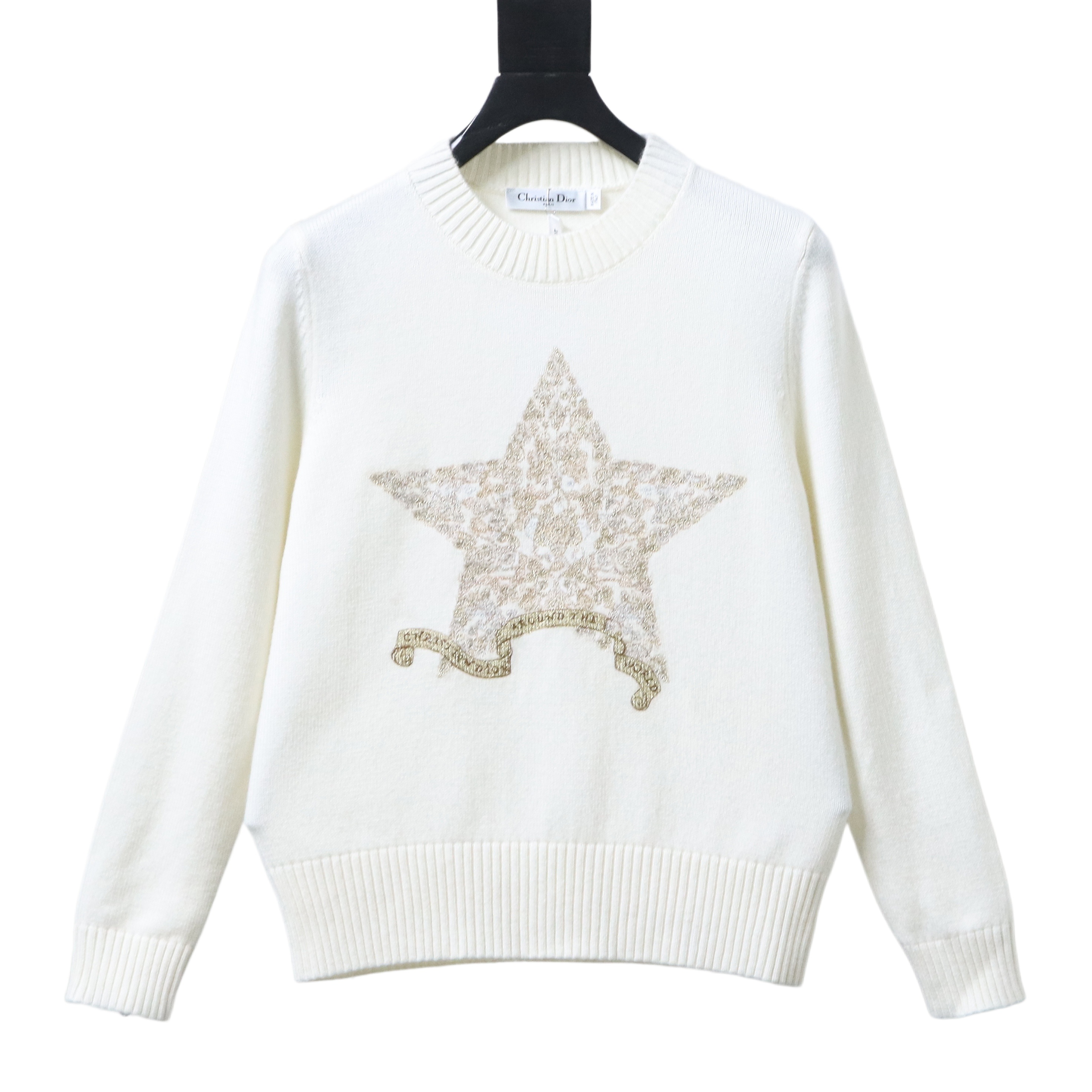 Christian Dior Gold Thread Star Embroidered Cashmere Knit Long Sleeve Sweater