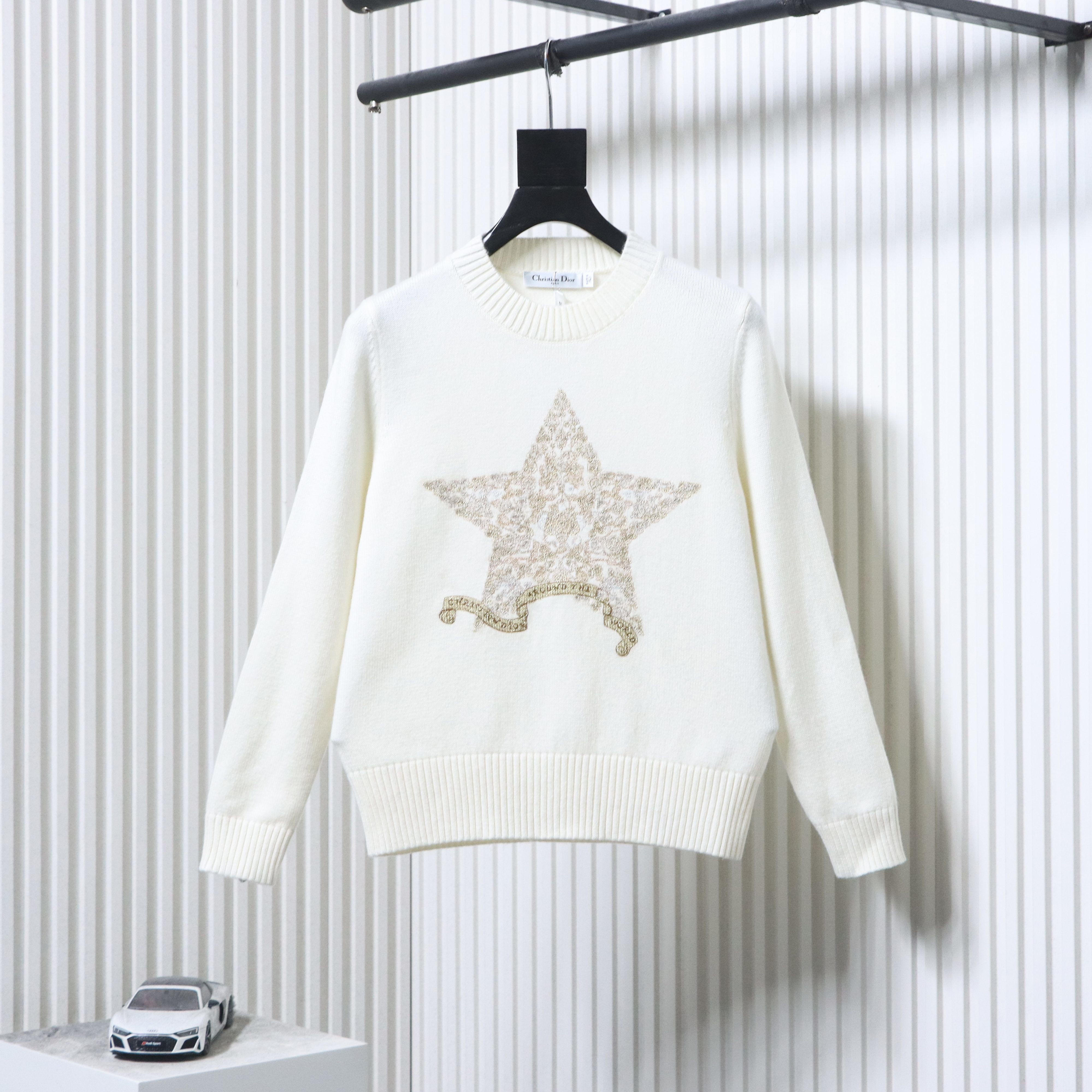 Christian Dior Gold Thread Star Embroidered Cashmere Knit Long Sleeve Sweater