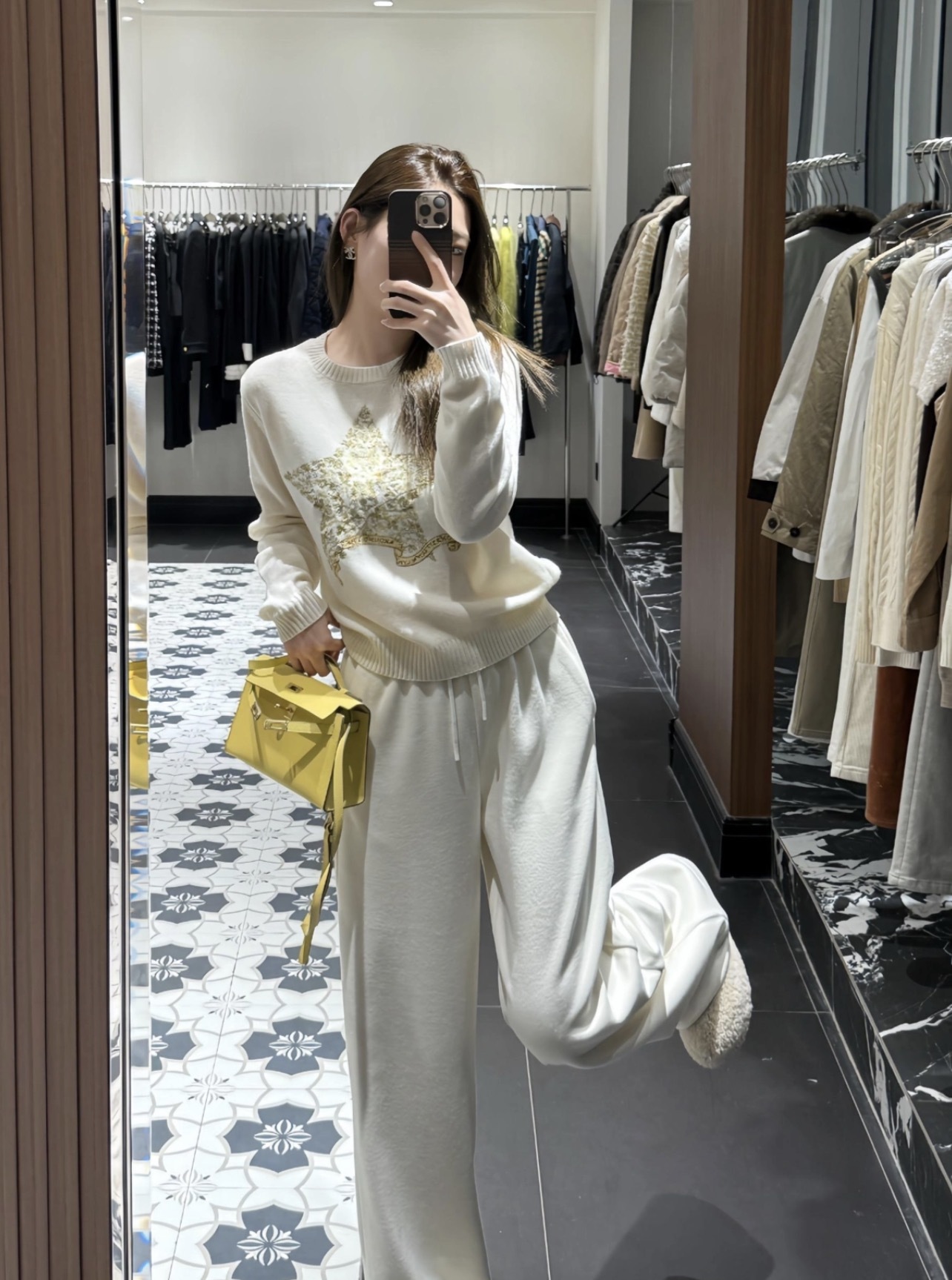 Christian Dior Gold Thread Star Embroidered Cashmere Knit Long Sleeve Sweater