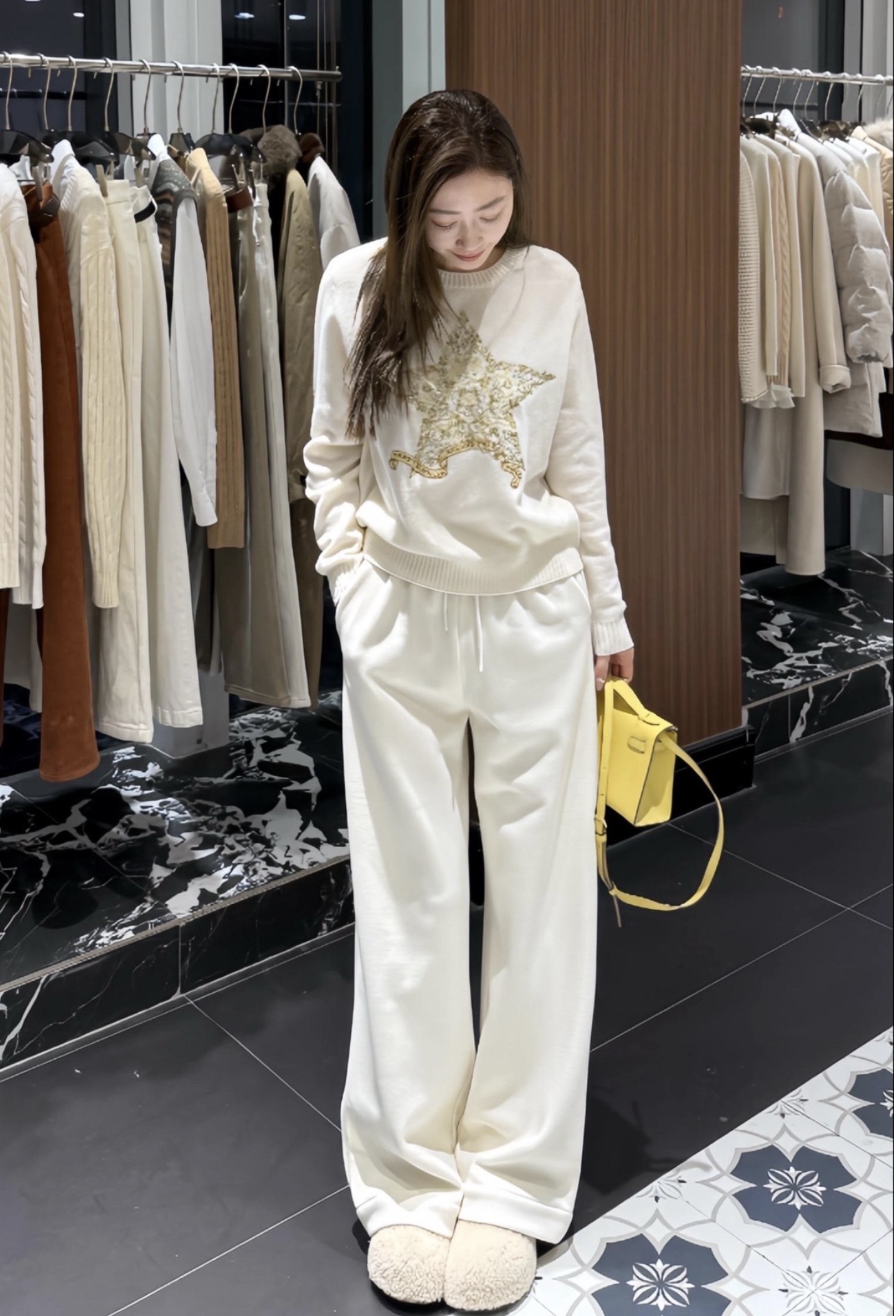 Christian Dior Gold Thread Star Embroidered Cashmere Knit Long Sleeve Sweater