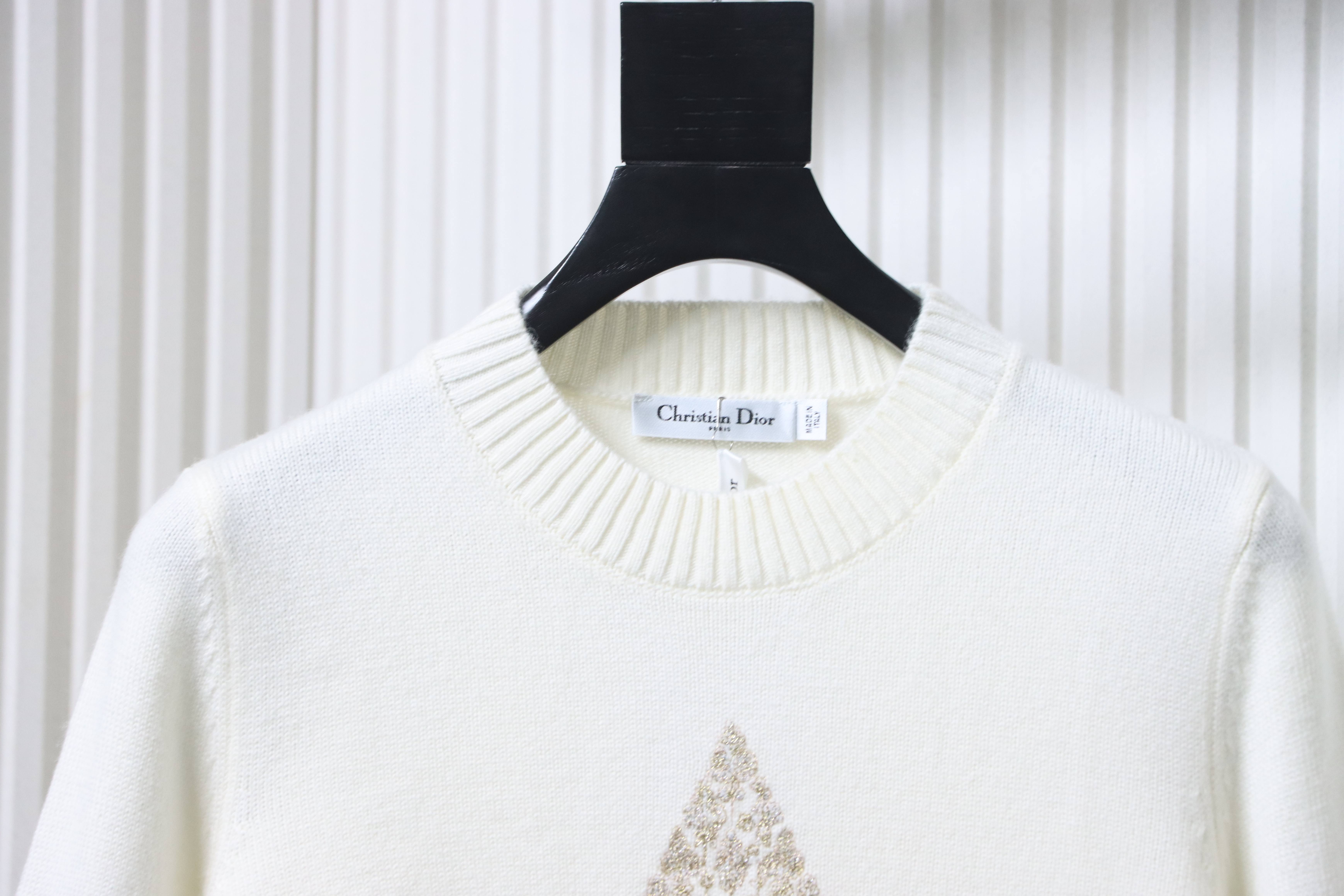 Christian Dior Gold Thread Star Embroidered Cashmere Knit Long Sleeve Sweater