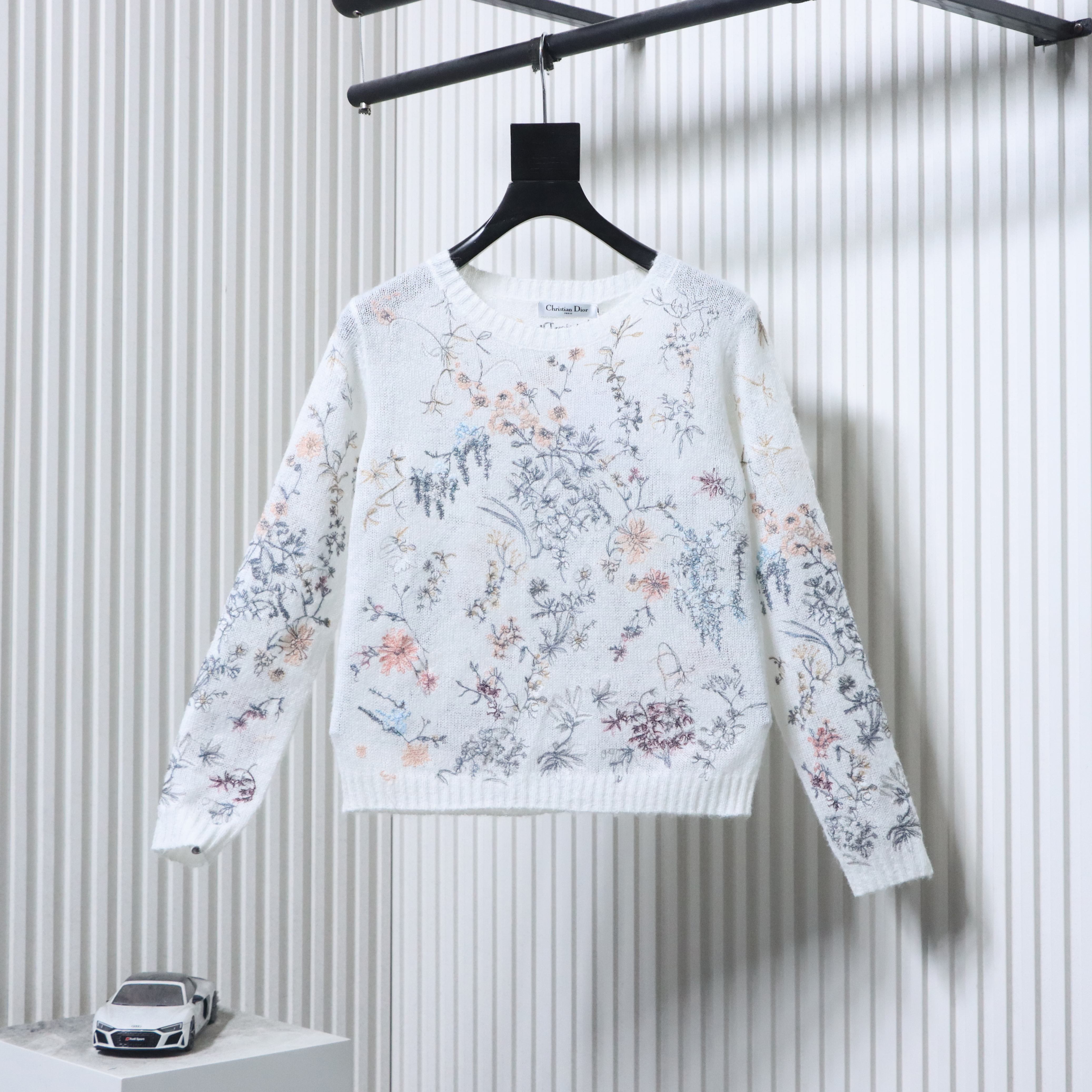 Christian Dior Ink Wash Floral Embroidered Cashmere Knit Sweater