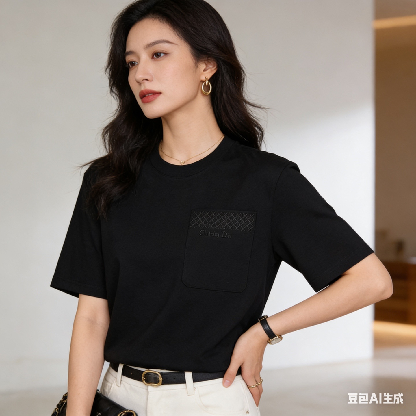 Dior 16SS Cannage Embroidered Letter Pocket Short Sleeve T-Shirt