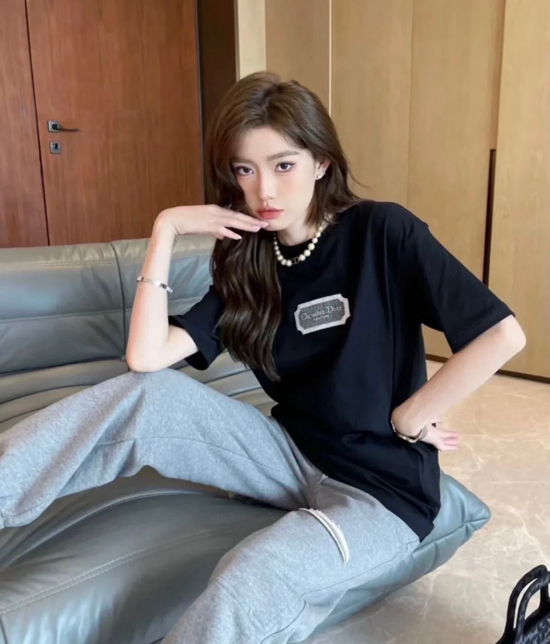 Dior 23SS Embroidered Silver Logo Short Sleeve T-Shirt