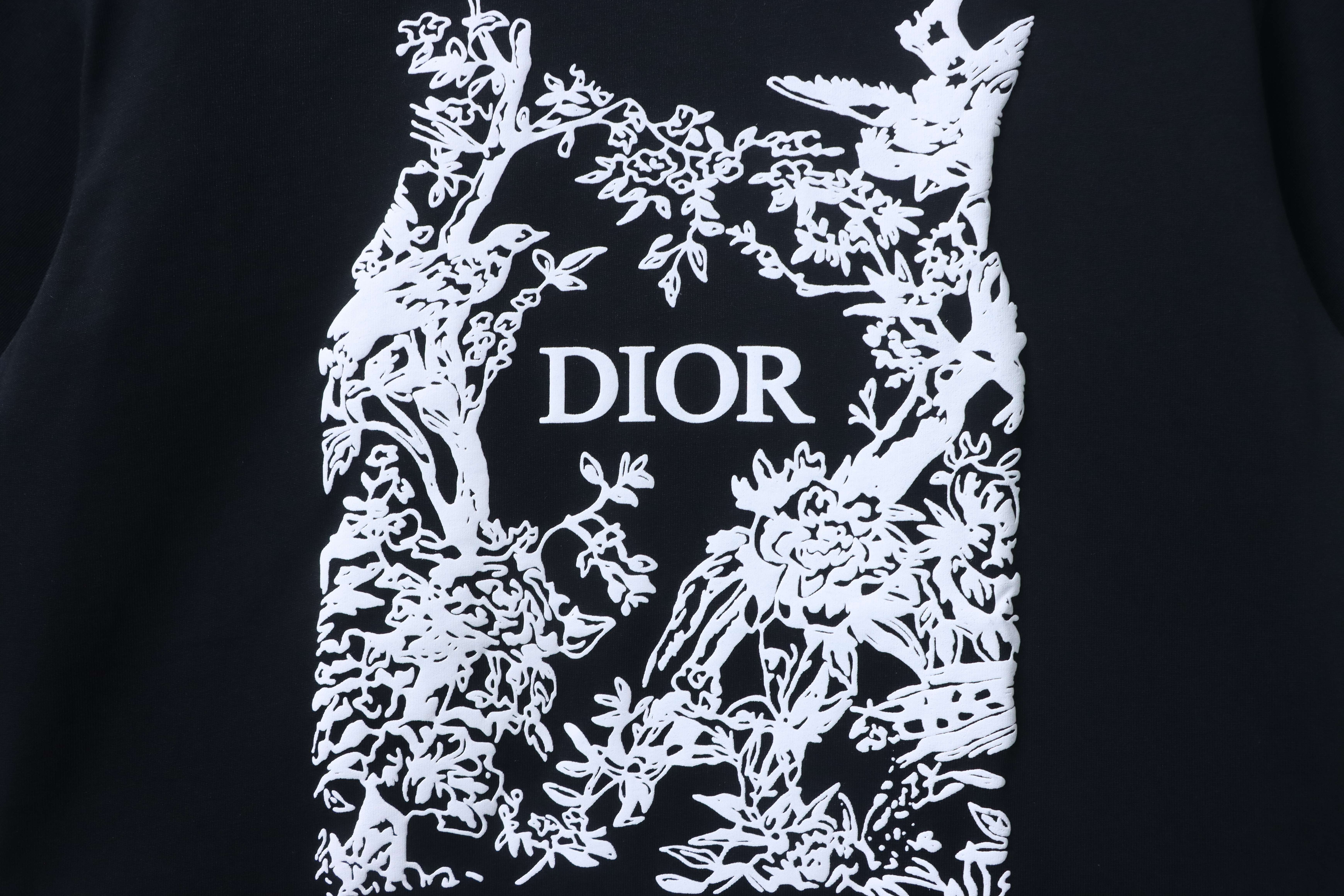 DIOR 26SS Flower Bird Silhouette Print Short Sleeve T-Shirt