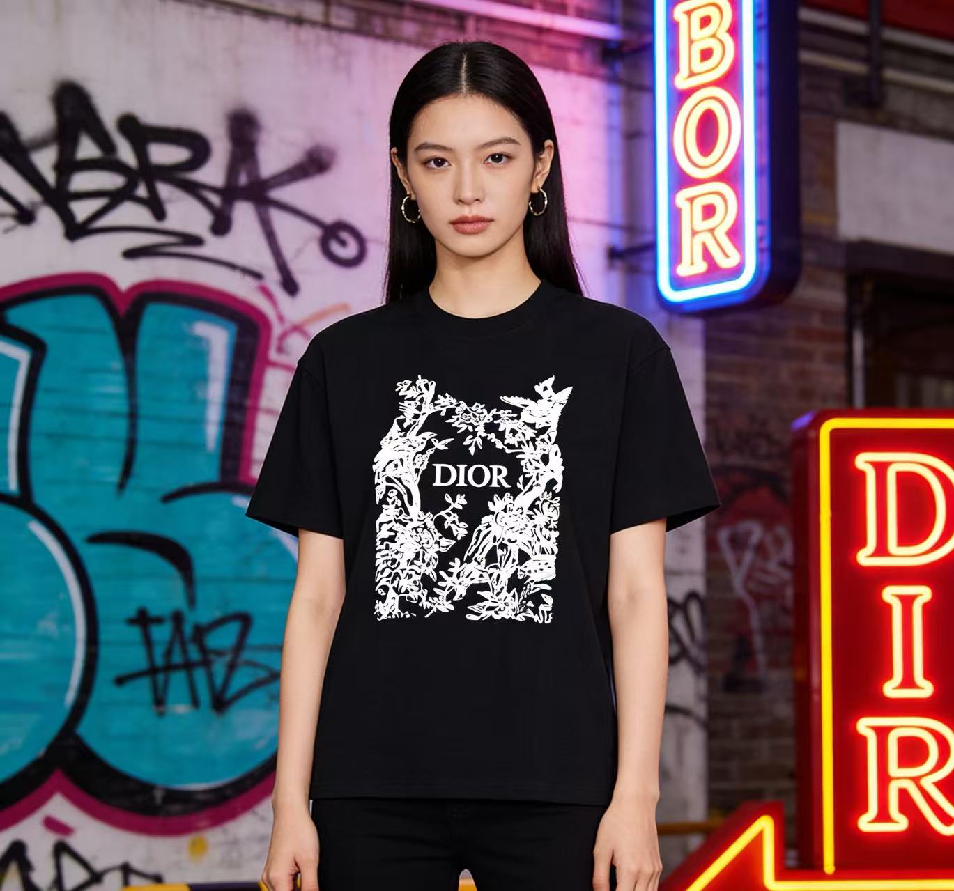 DIOR 26SS Flower Bird Silhouette Print Short Sleeve T-Shirt