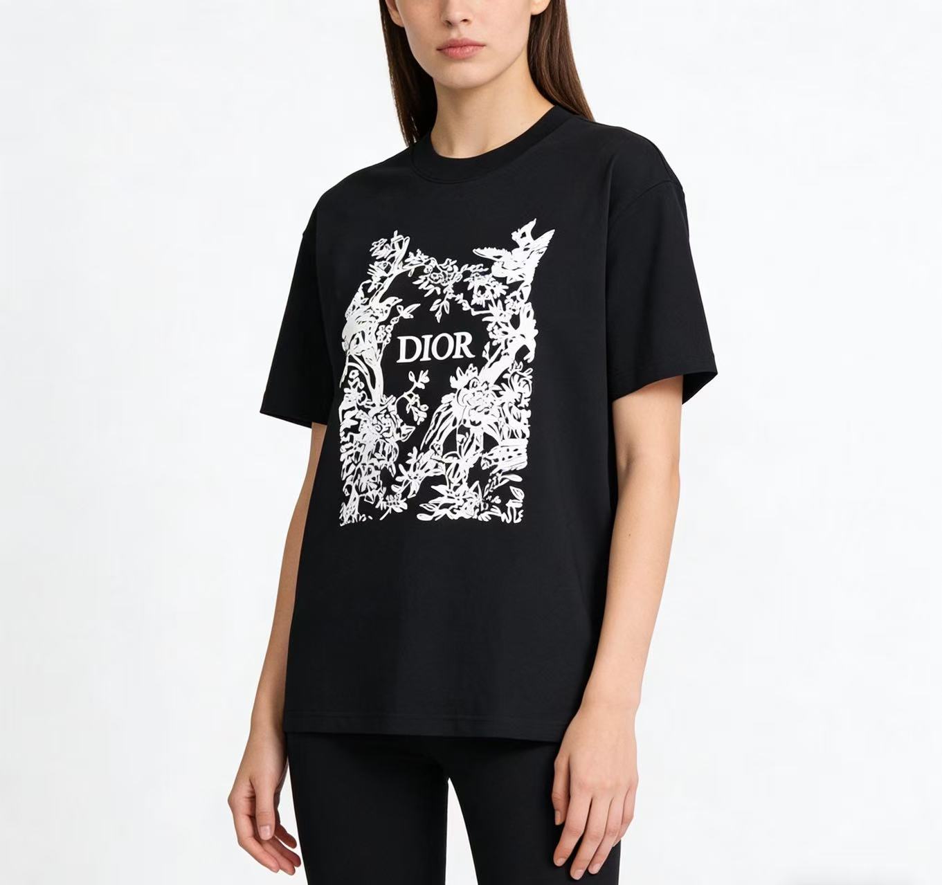 DIOR 26SS Flower Bird Silhouette Print Short Sleeve T-Shirt