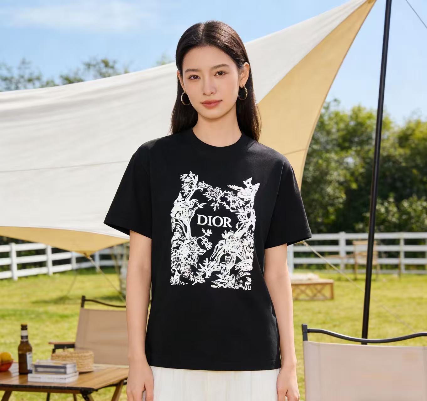 DIOR 26SS Flower Bird Silhouette Print Short Sleeve T-Shirt