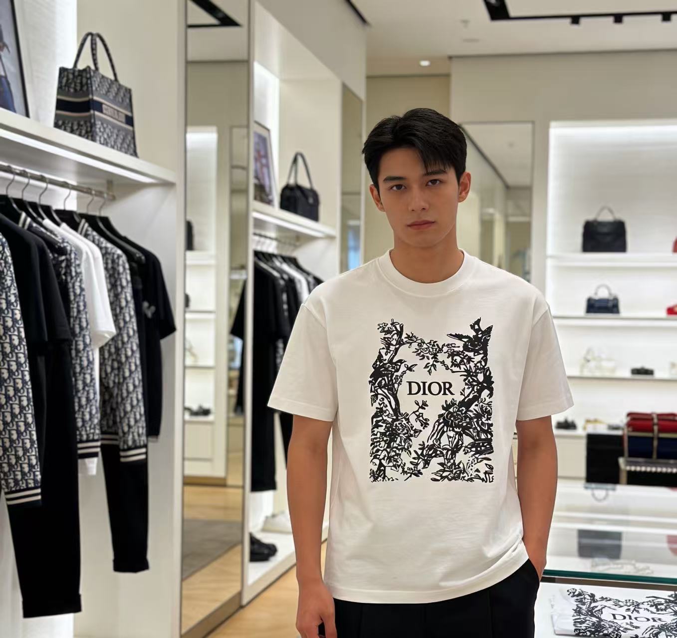 DIOR 26SS Flower Bird Silhouette Print Short Sleeve T-Shirt