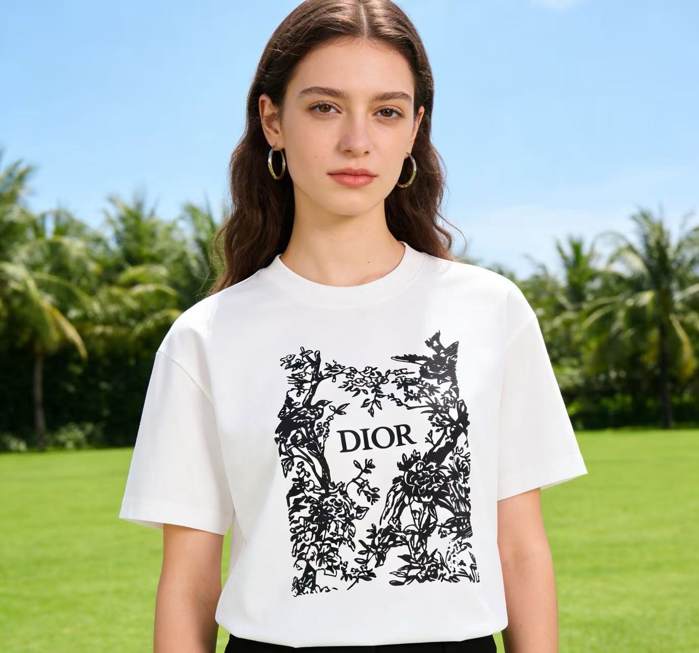 DIOR 26SS Flower Bird Silhouette Print Short Sleeve T-Shirt