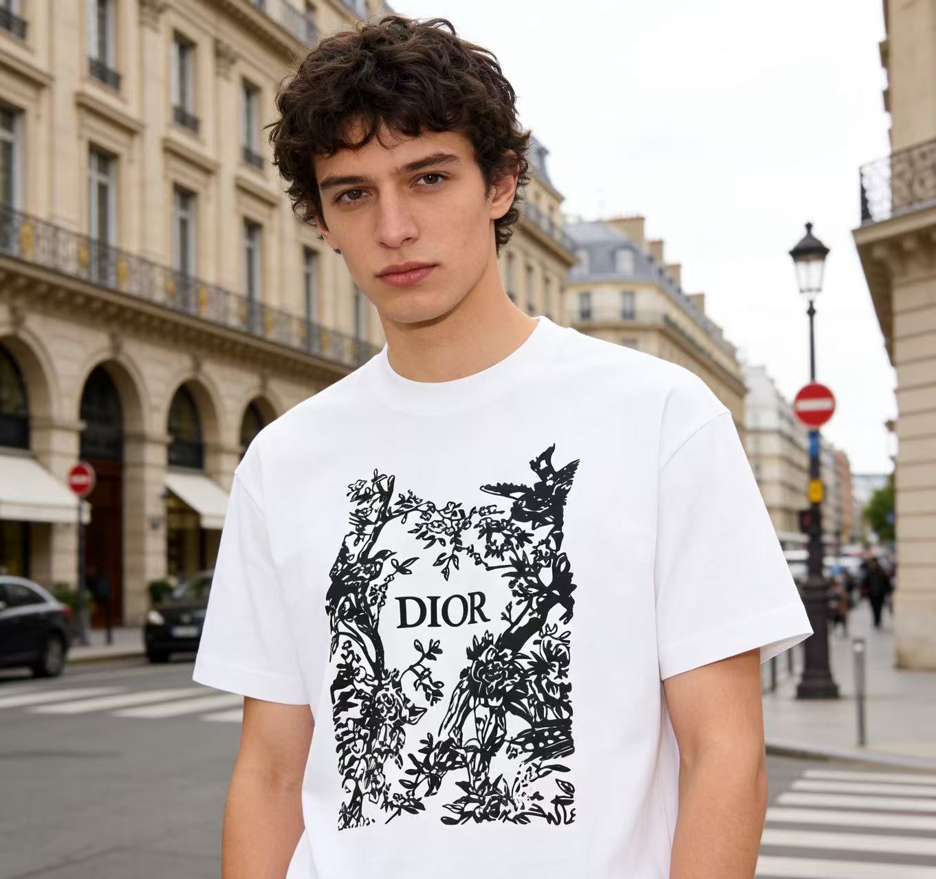 DIOR 26SS Flower Bird Silhouette Print Short Sleeve T-Shirt
