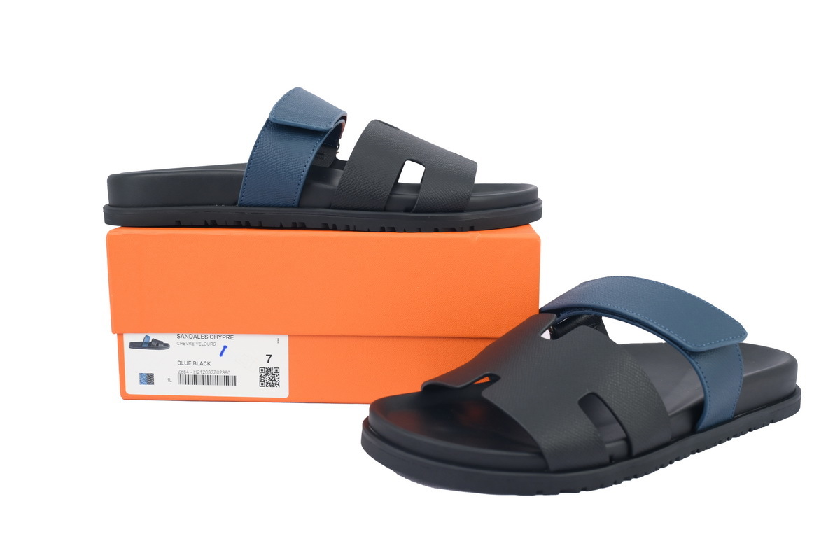 Black/Blue Check HERMES Hermès Flat Slide Sandals