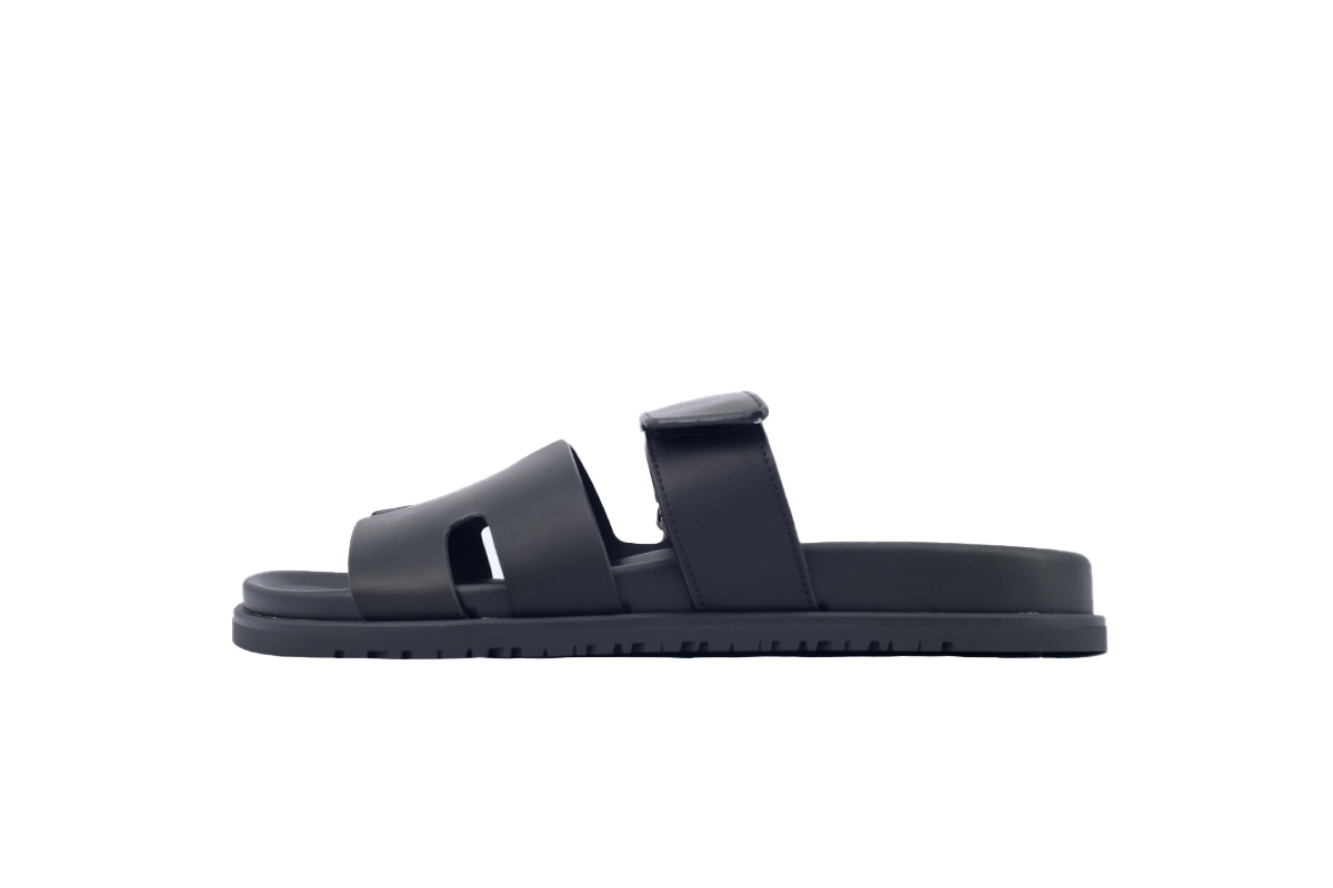 Black Leather HERMES Hermès Flat Slide Sandals
