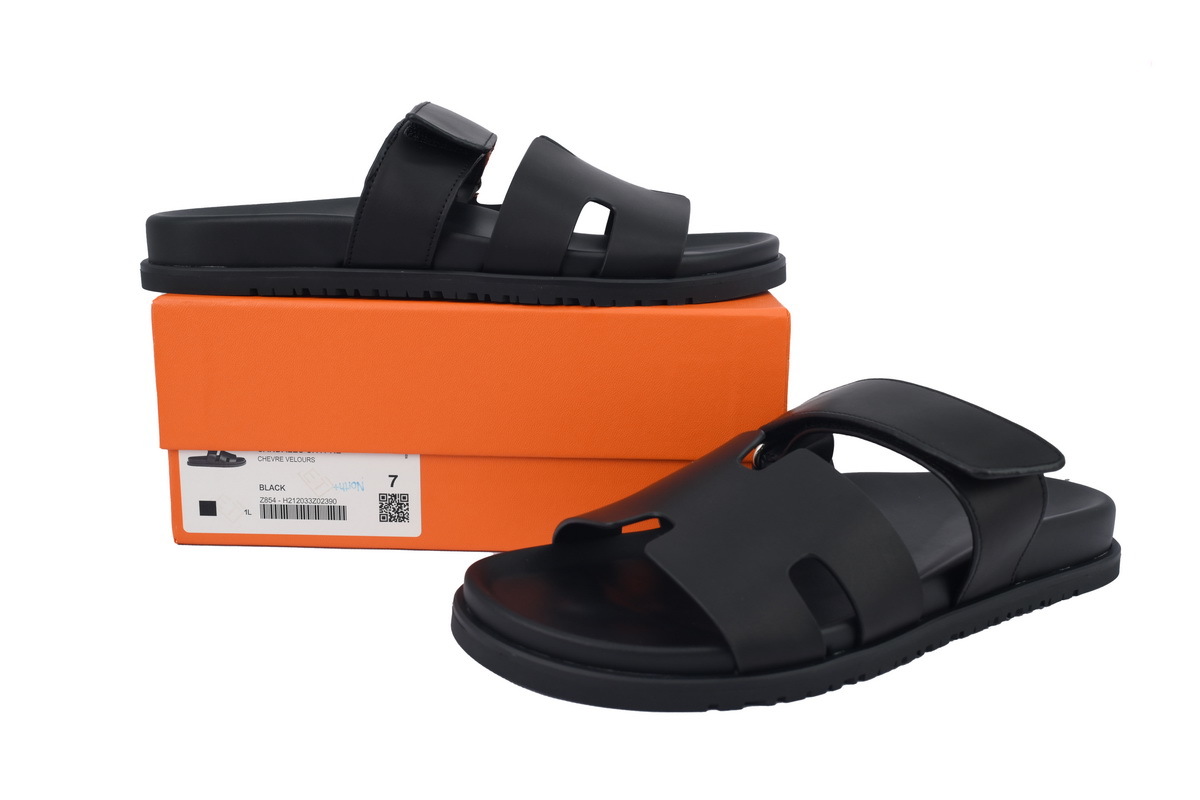 Black Leather HERMES Hermès Flat Slide Sandals