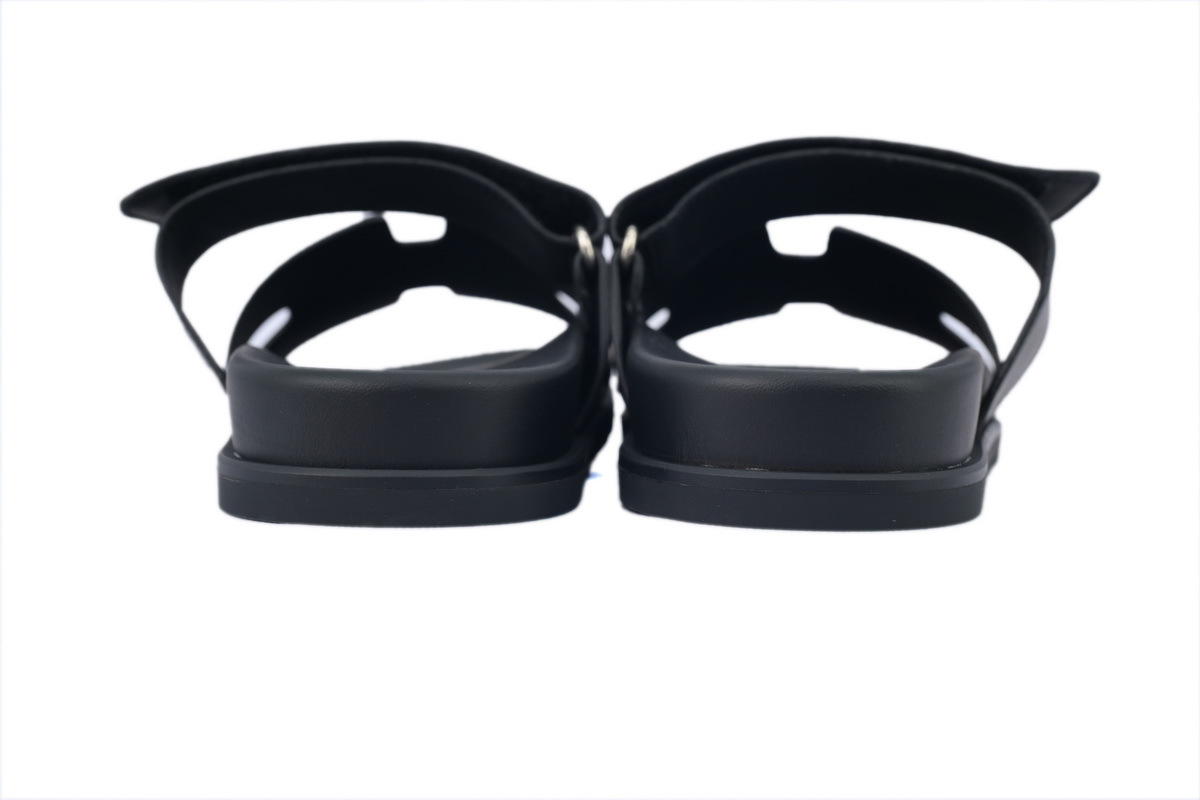 Black Leather HERMES Hermès Flat Slide Sandals