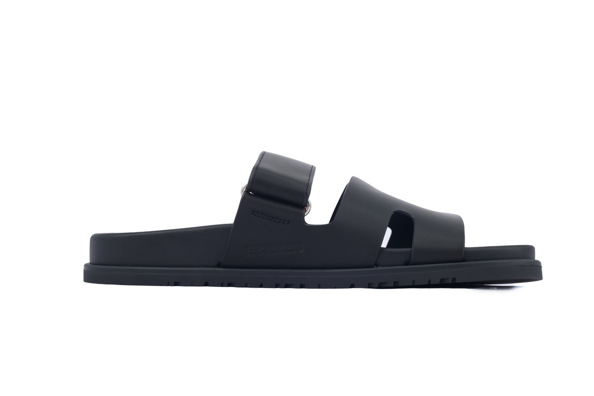 Black Leather HERMES Hermès Flat Slide Sandals
