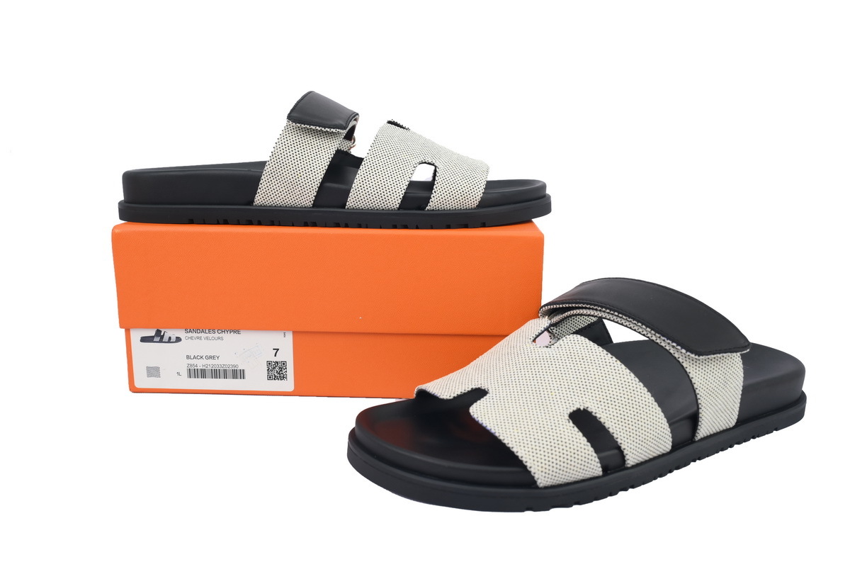 Grey/Black Fabric HERMES Hermès Flat Slide Sandals