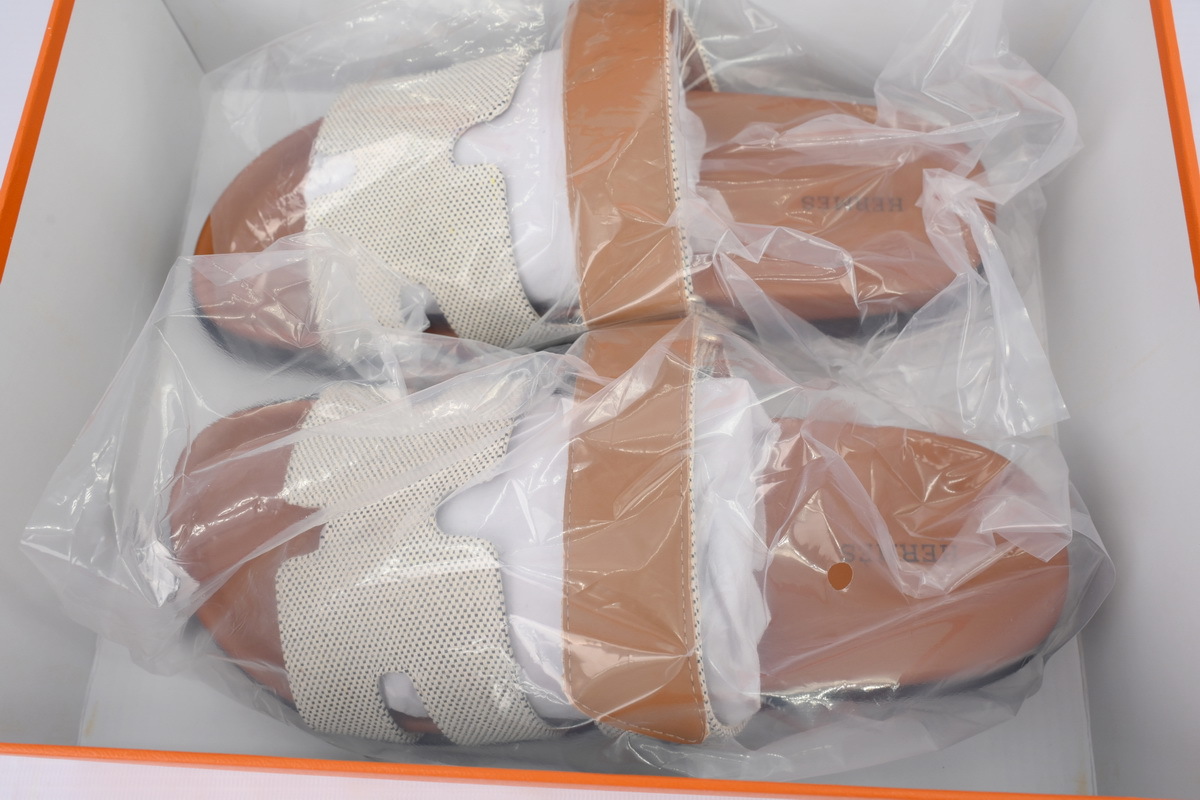 Grey/Brown Fabric HERMES Hermès Flat Slide Sandals