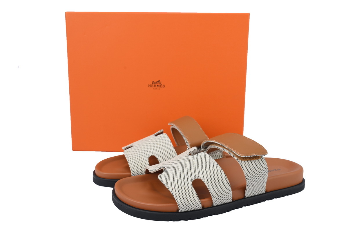 Grey/Brown Fabric HERMES Hermès Flat Slide Sandals