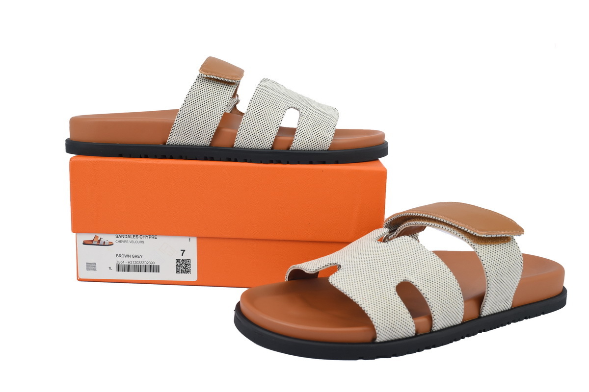 Grey/Brown Fabric HERMES Hermès Flat Slide Sandals
