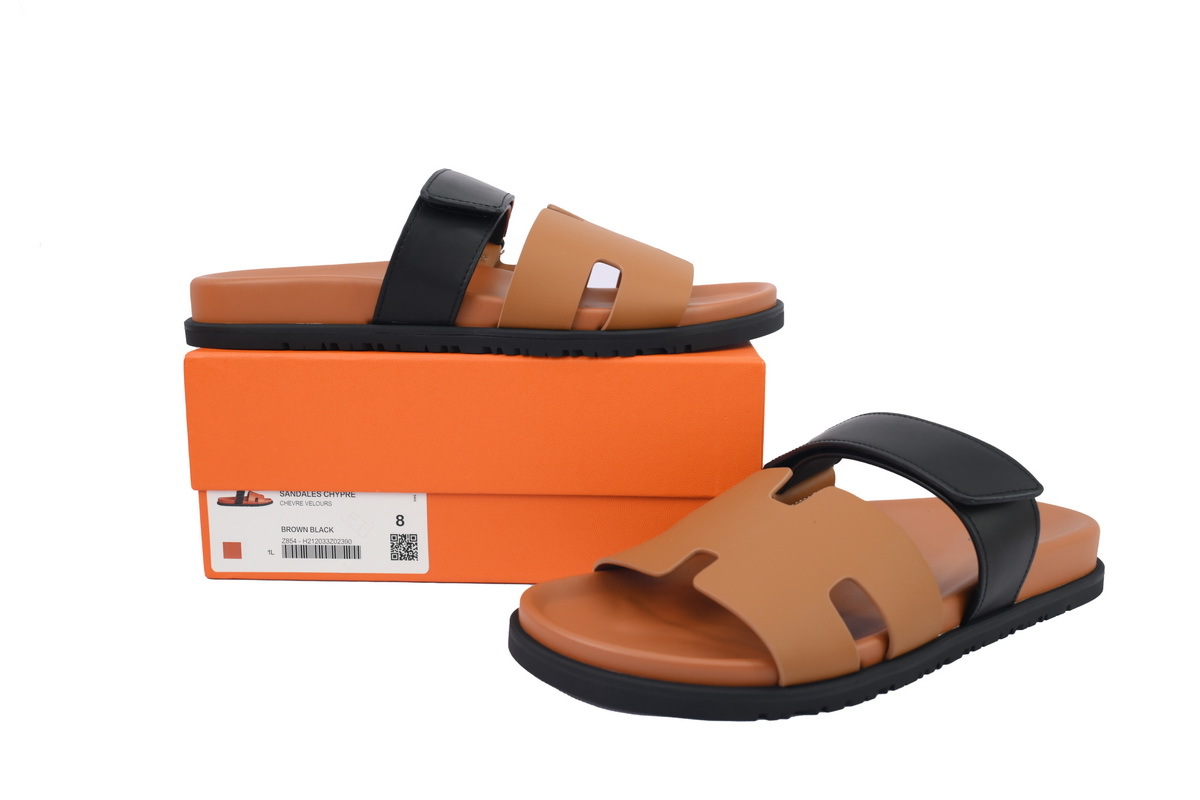 Khaki/Black Leather HERMES Hermès Flat Slide Sandals