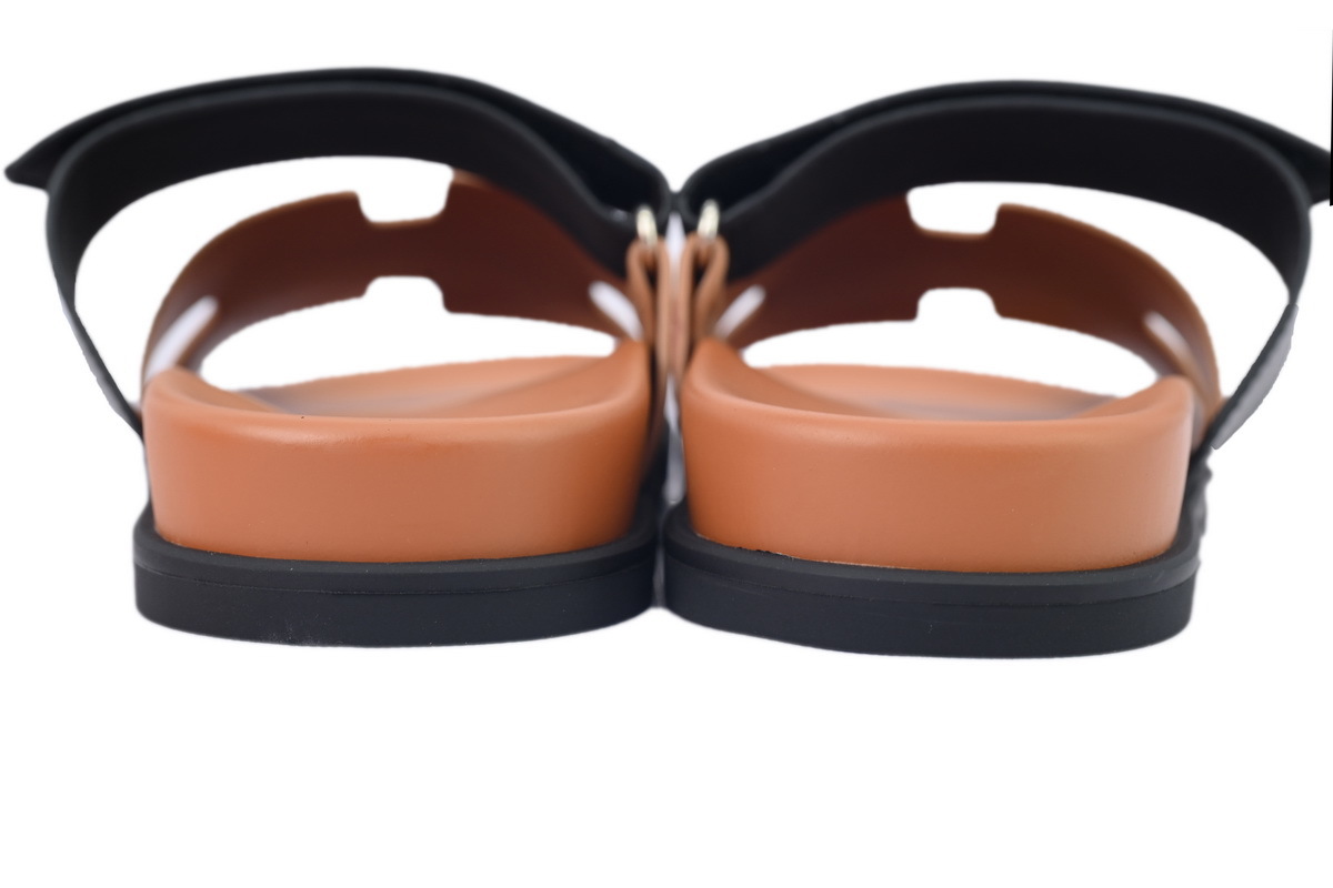 Khaki/Black Leather HERMES Hermès Flat Slide Sandals