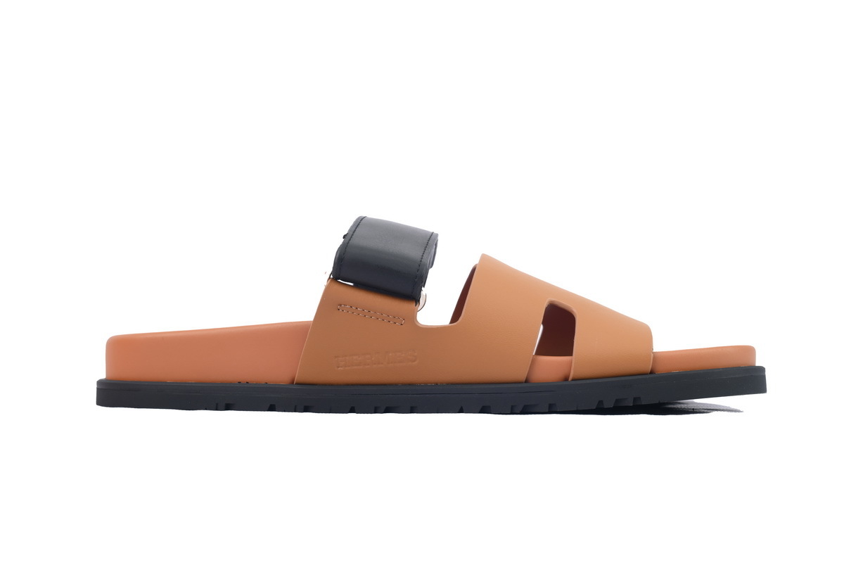 Khaki/Black Leather HERMES Hermès Flat Slide Sandals