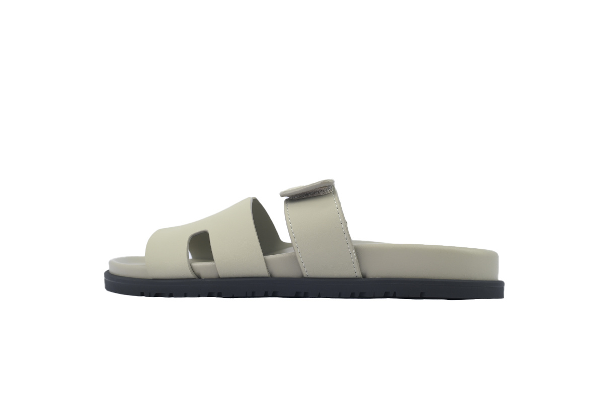 Khaki Leather HERMES Hermès Flat Slide Sandals