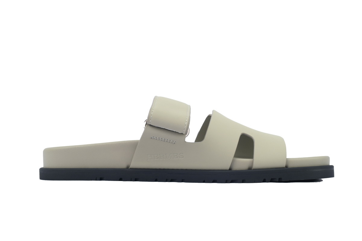 Khaki Leather HERMES Hermès Flat Slide Sandals