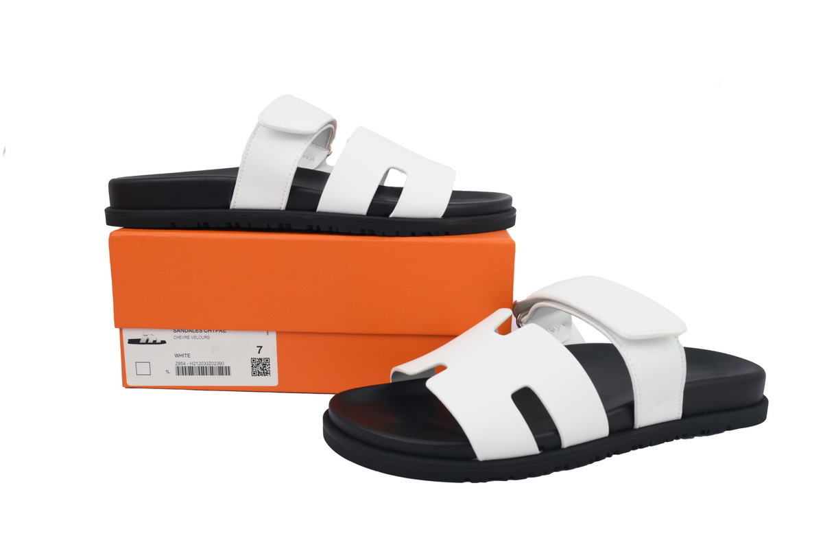 White Leather HERMES Hermès Flat Slide Sandals