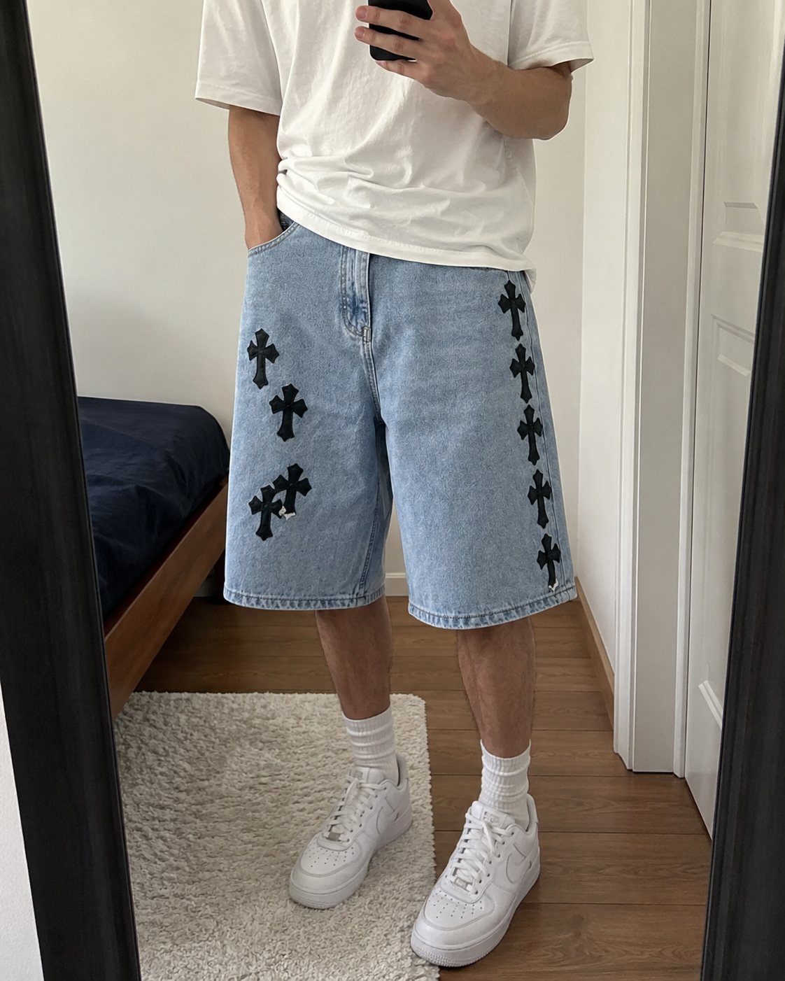 Chrome Hearts Black Cross Leather Patch Cargo Denim Shorts  review 0