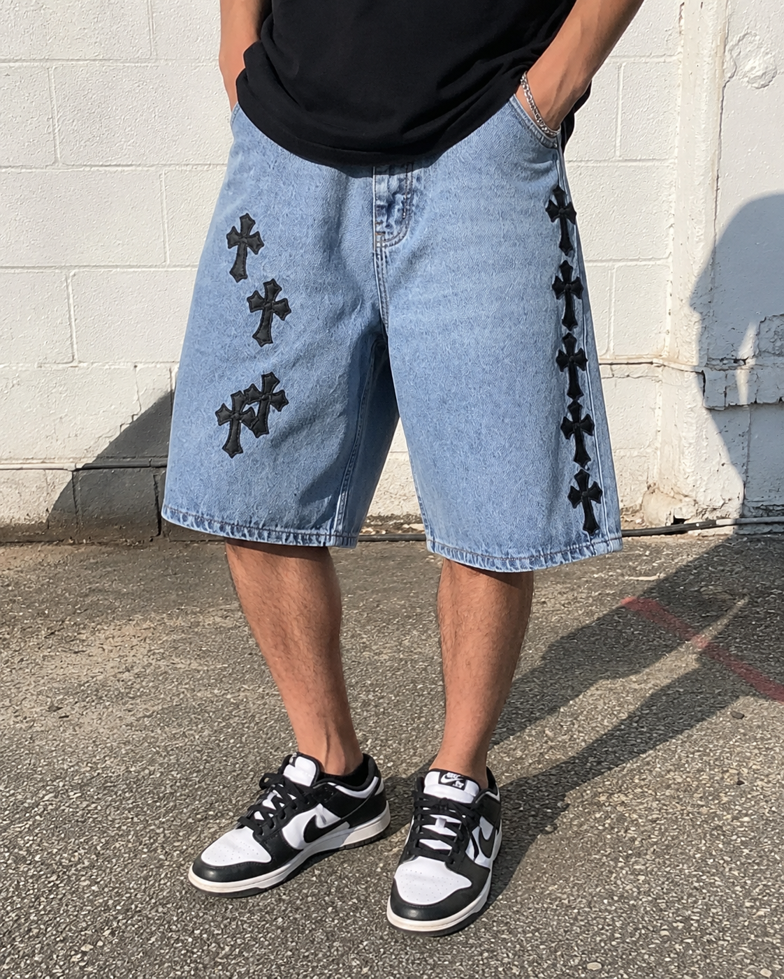 Chrome Hearts Black Cross Leather Patch Cargo Denim Shorts  review 0