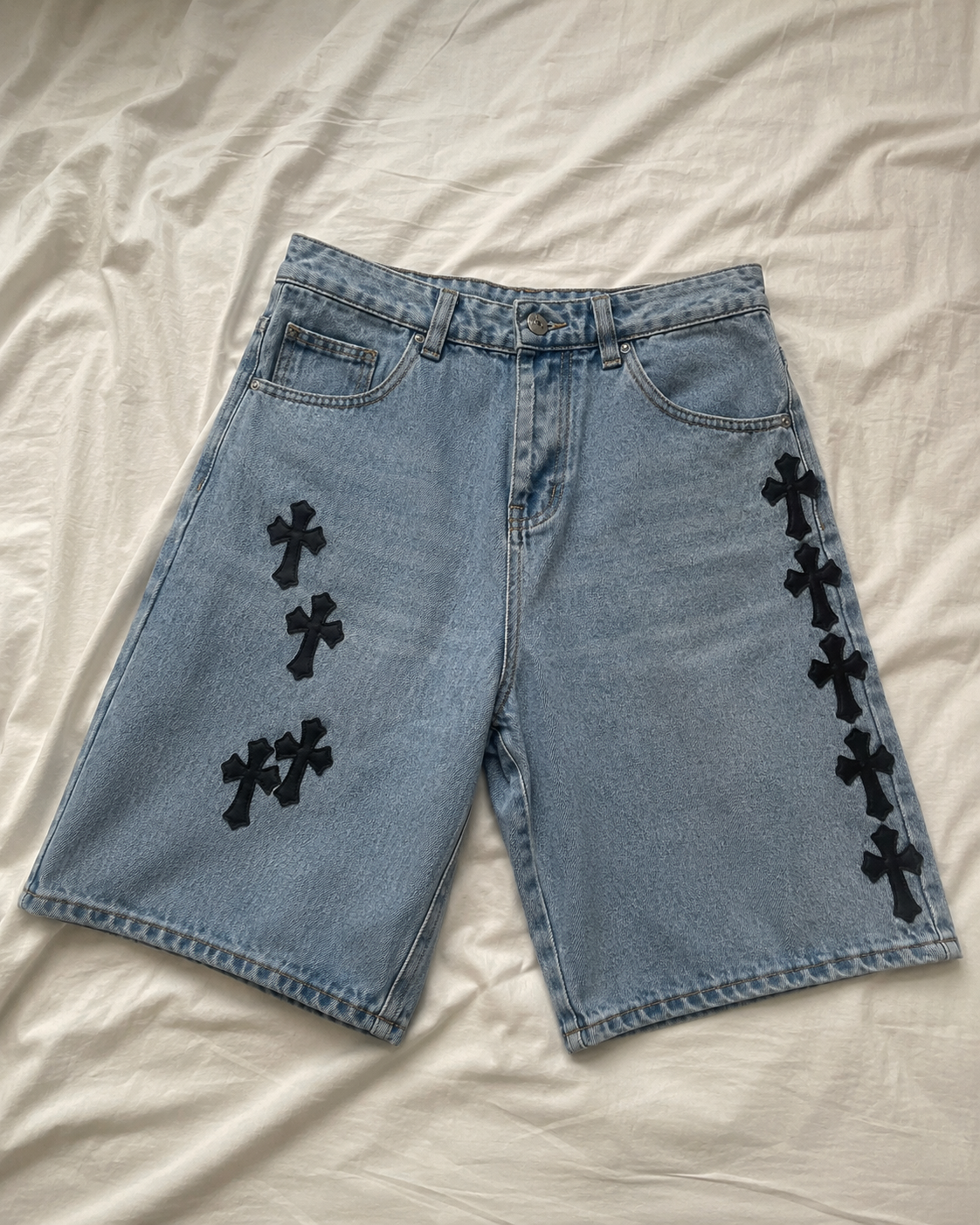 Chrome Hearts Black Cross Leather Patch Cargo Denim Shorts  review 0