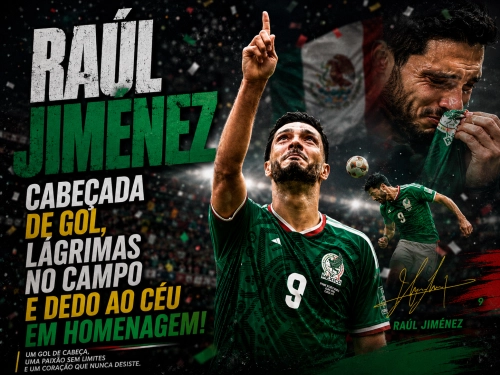 Veterano mexicano Raúl Jiménez, 35 anos, aponta para o céu e chora após marcar gol