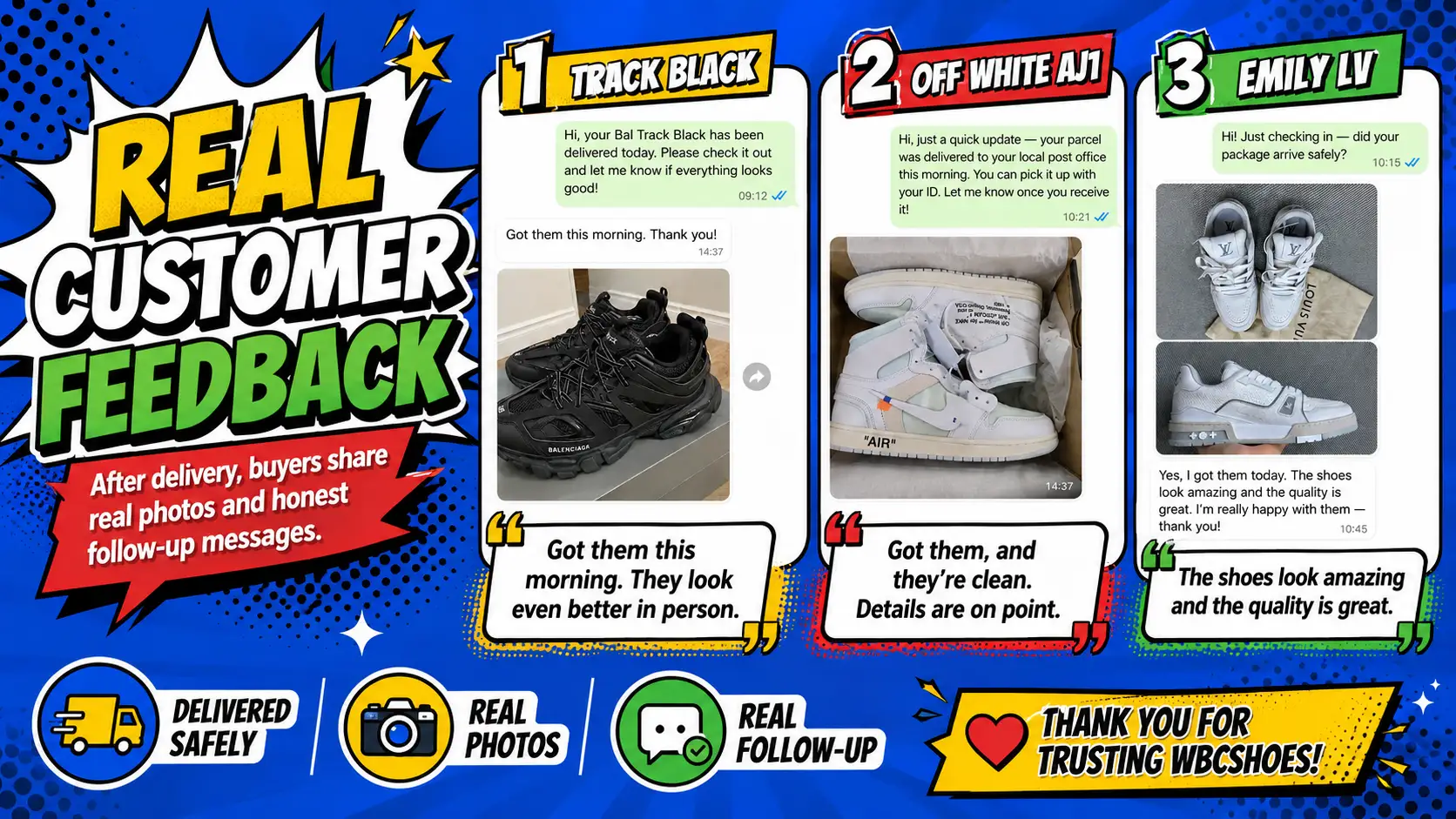 Real customer feedback after receiving a WBCShoes order