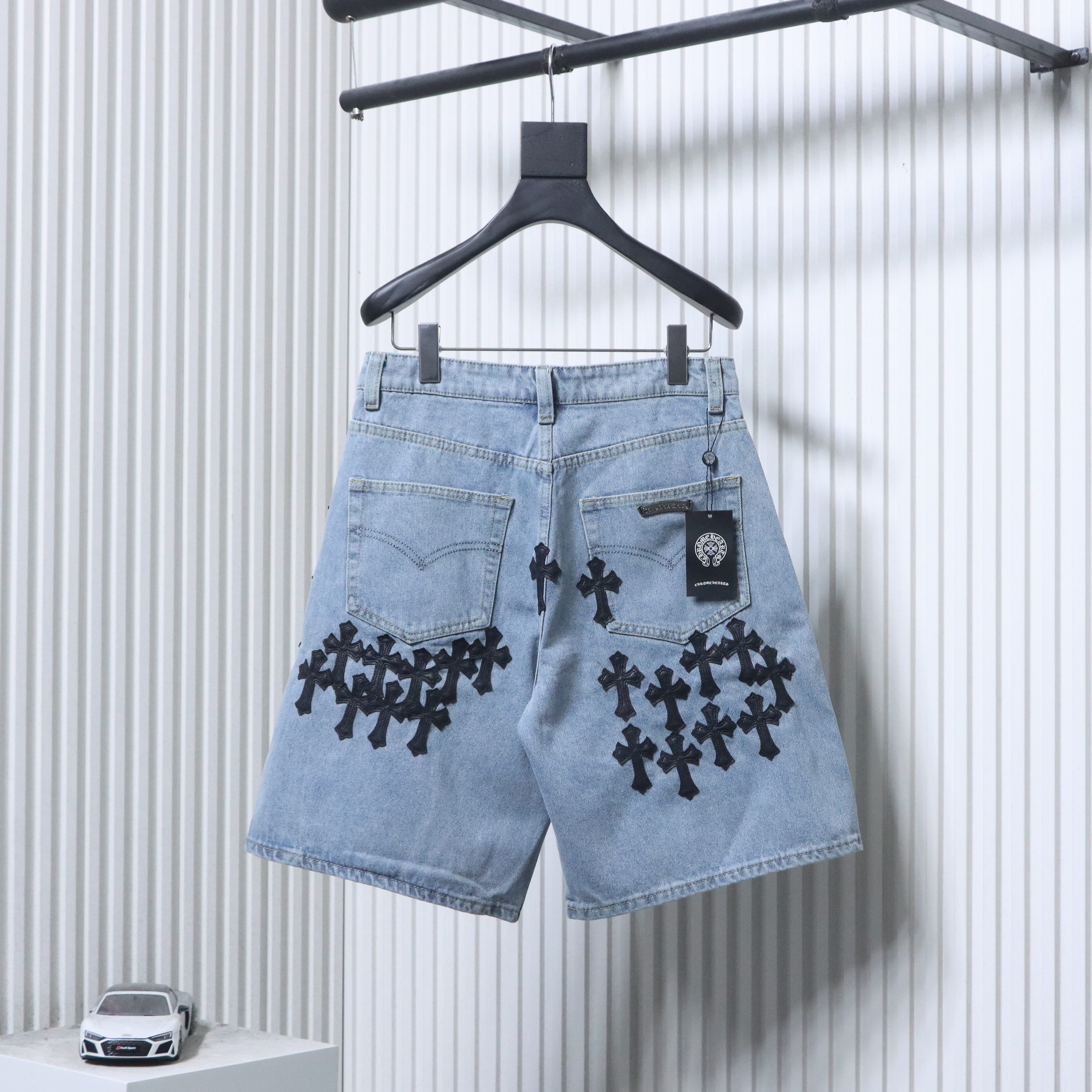 Chrome Hearts Cross Leather Patch Applique Embroidery Cargo Denim Shorts 2 h180