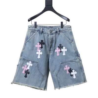 Chrome Hearts Cross Leather Patch Applique Embroidery Cargo Denim Shorts 3 h180 01