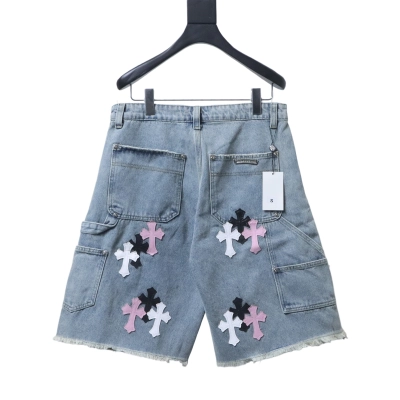 Chrome Hearts Cross Leather Patch Applique Embroidery Cargo Denim Shorts 3 h180 02