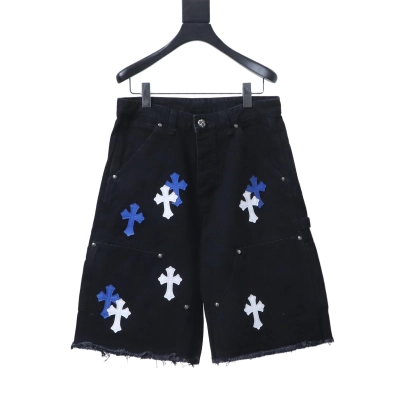 Chrome Hearts Cross Leather Patch Applique Embroidery Cargo Denim Shorts 4 h180 01