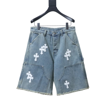 Chrome Hearts Cross Leather Patch Applique Embroidery Cargo Denim Shorts h180 01