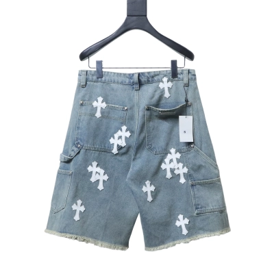 Chrome Hearts Cross Leather Patch Applique Embroidery Cargo Denim Shorts h180 02