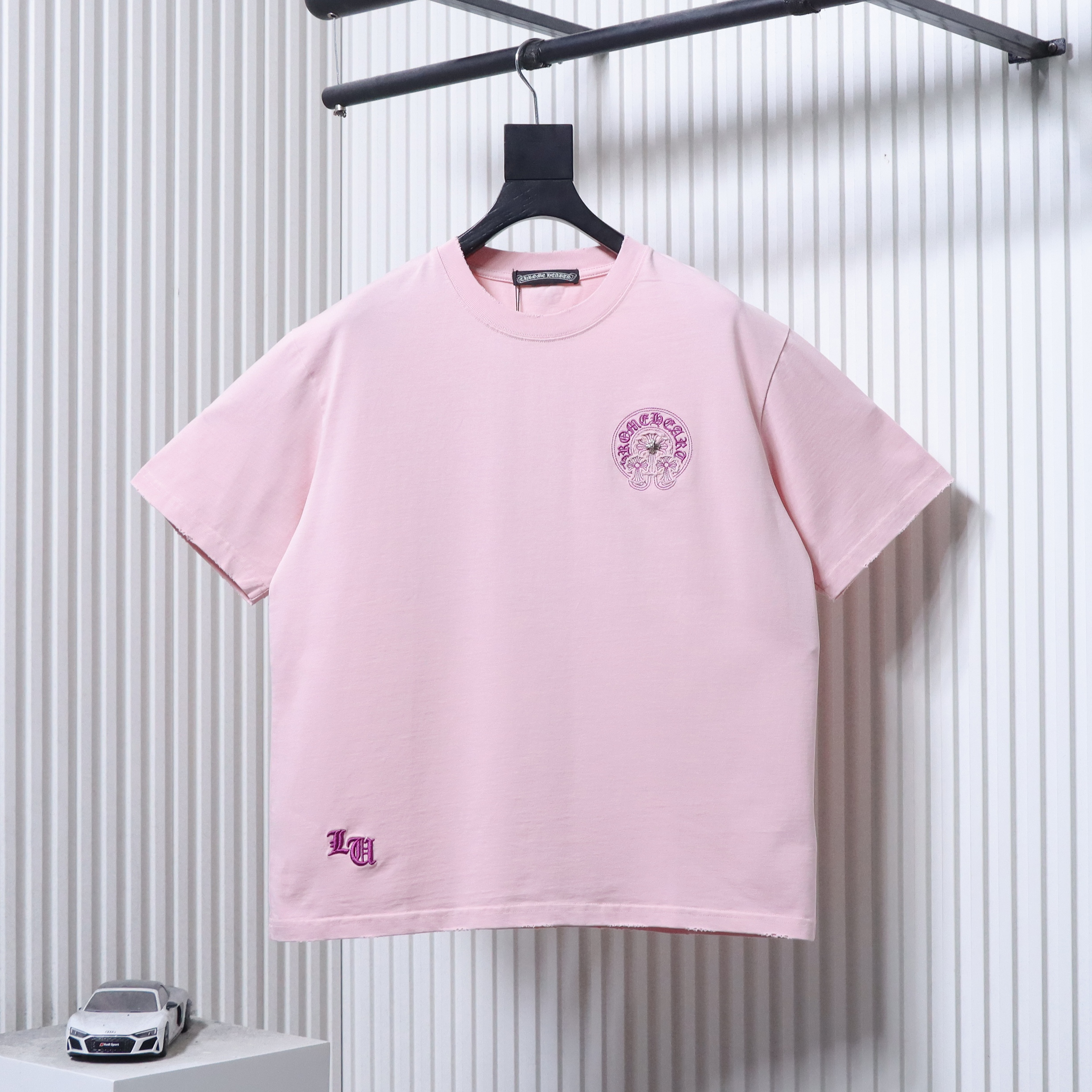 Chrome Hearts Horseshoe Cross Burnout Applique Embroidery Distressed T-Shirt Pink h170