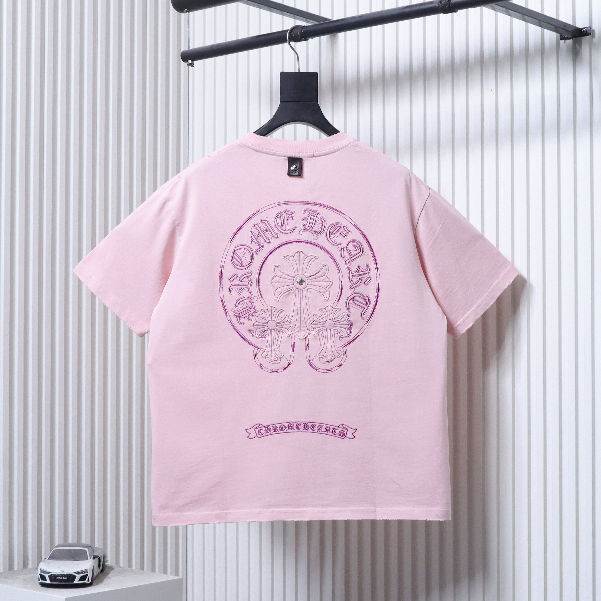 Chrome Hearts Horseshoe Cross Burnout Applique Embroidery Distressed T-Shirt Pink h170