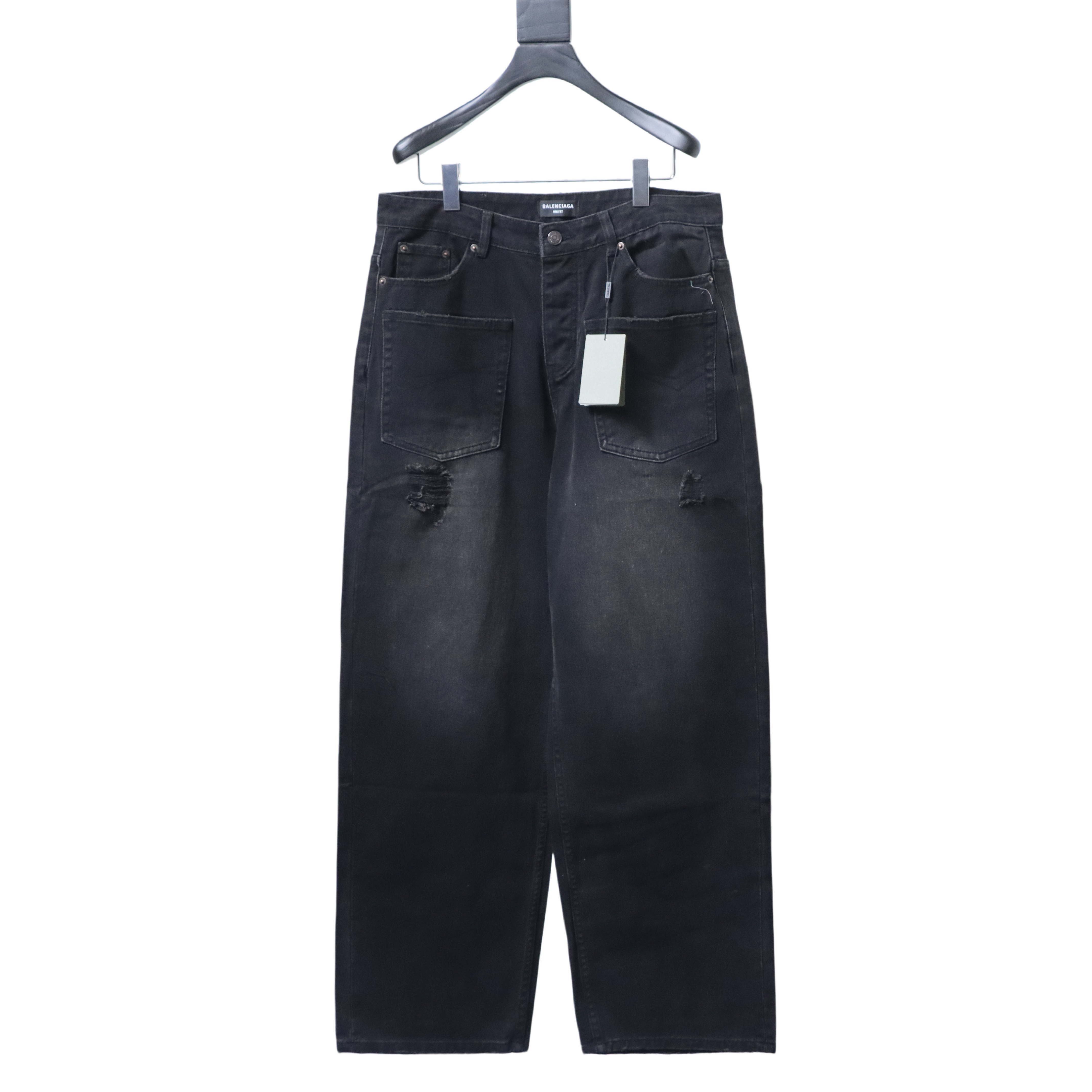 Balenciaga 24SS New Reversed Pocket Black Washed Distressed Denim Jeans h310