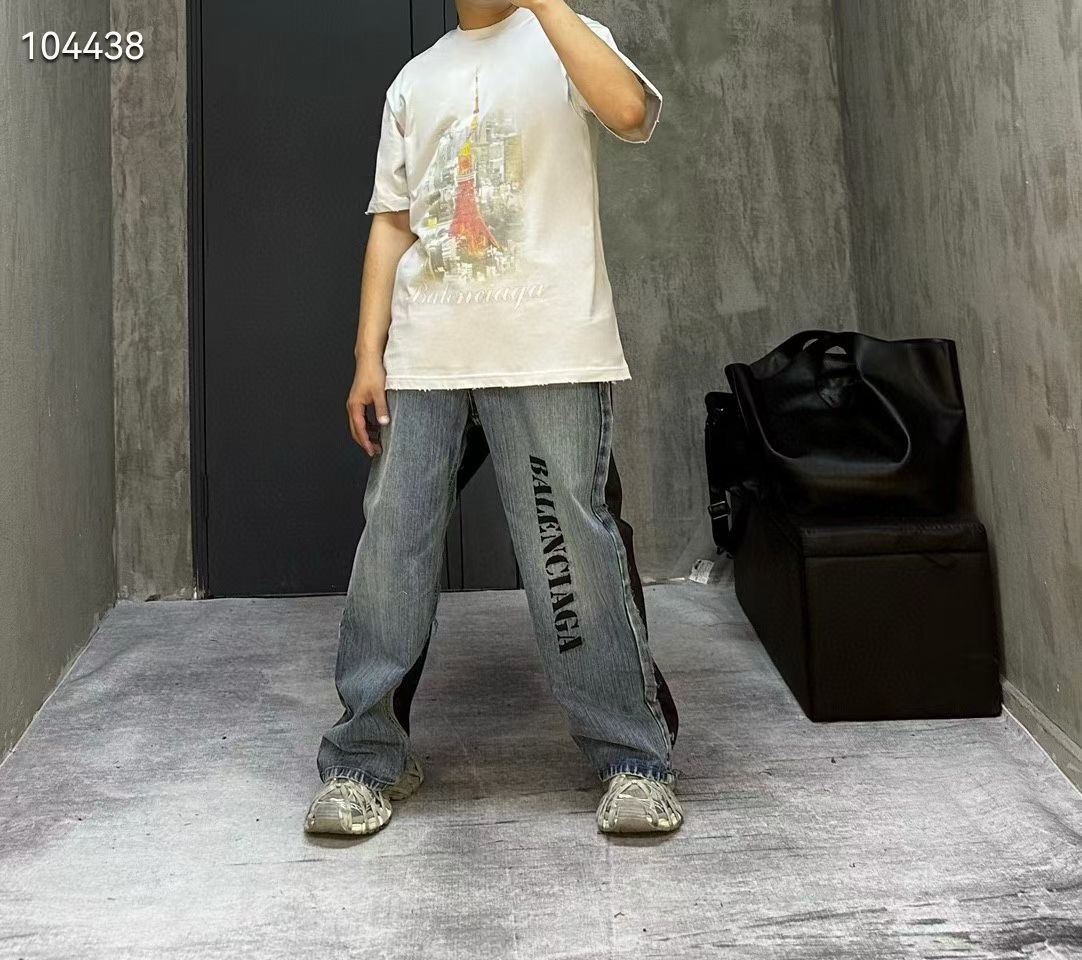Balenciaga 24SS Spliced Blue Floral Grey Denim Jeans h310