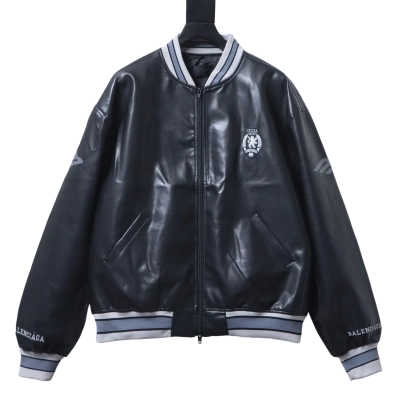 Balenciaga 26SS 3M Embroidered Black Manchester United Baseball Flight Leather Jacket 01