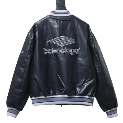 Balenciaga 26SS 3M Embroidered Black Manchester United Baseball Flight Leather Jacket 02
