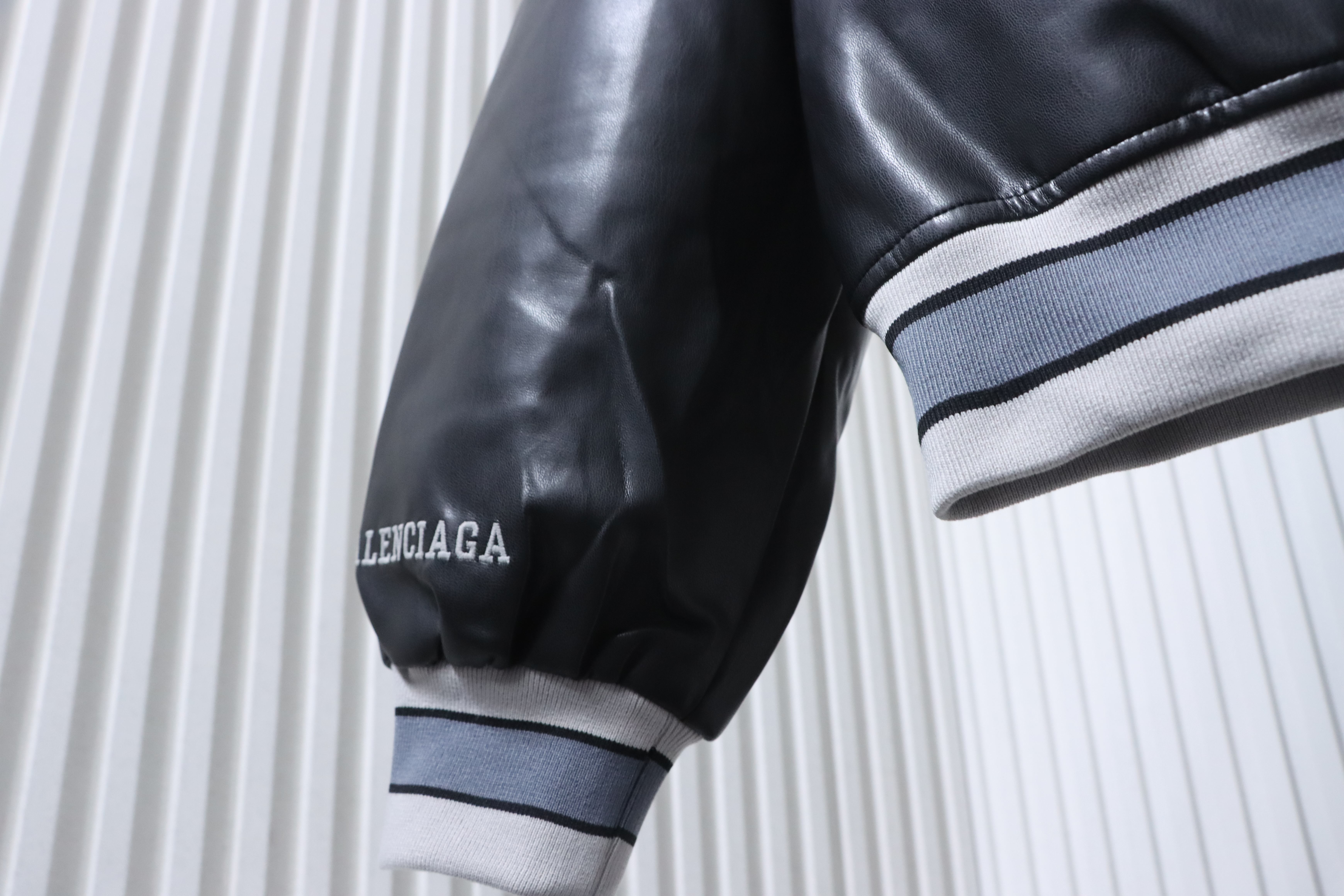 Balenciaga 26SS 3M Embroidered Black Manchester United Baseball Flight Leather Jacket