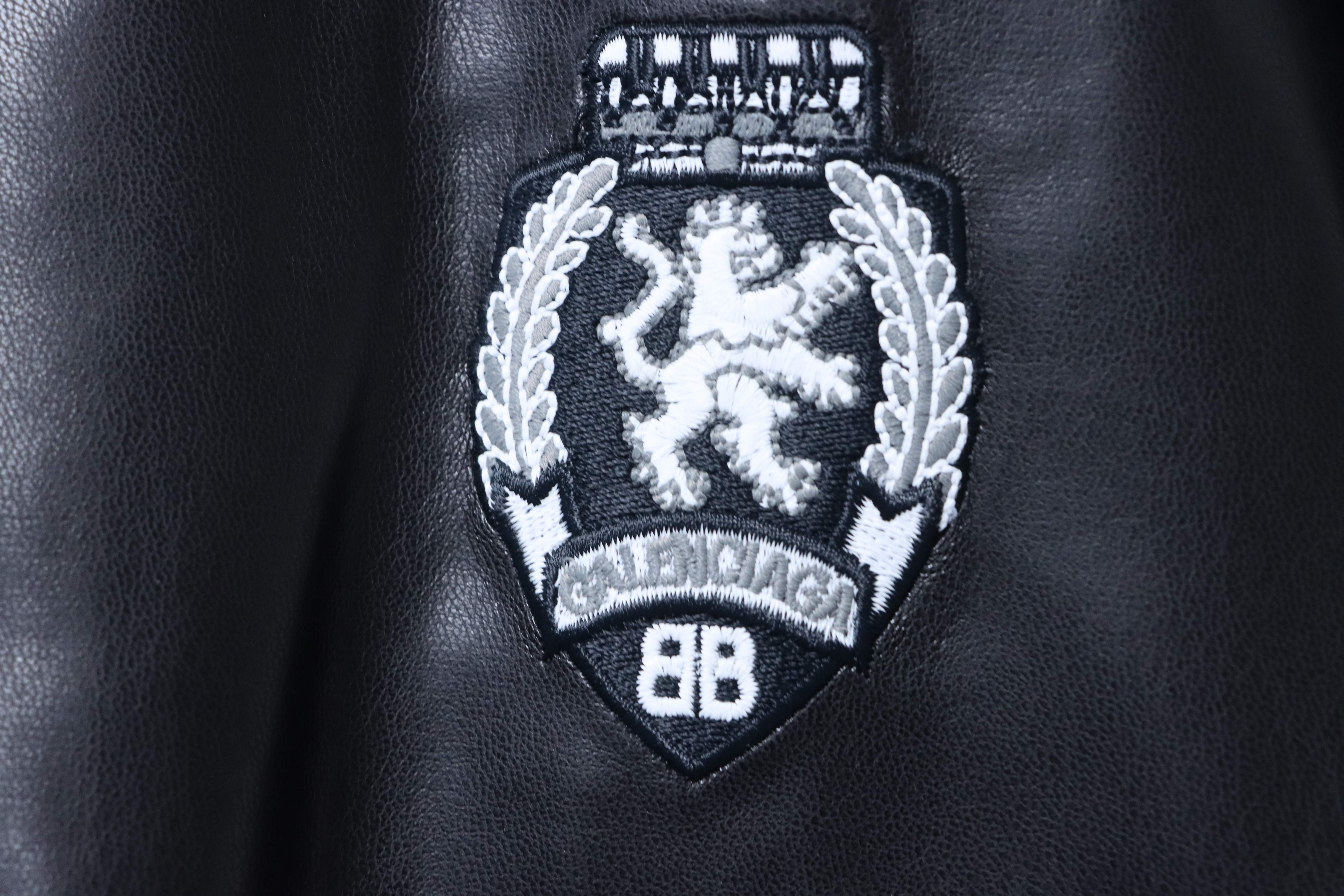 Balenciaga 26SS 3M Embroidered Black Manchester United Baseball Flight Leather Jacket